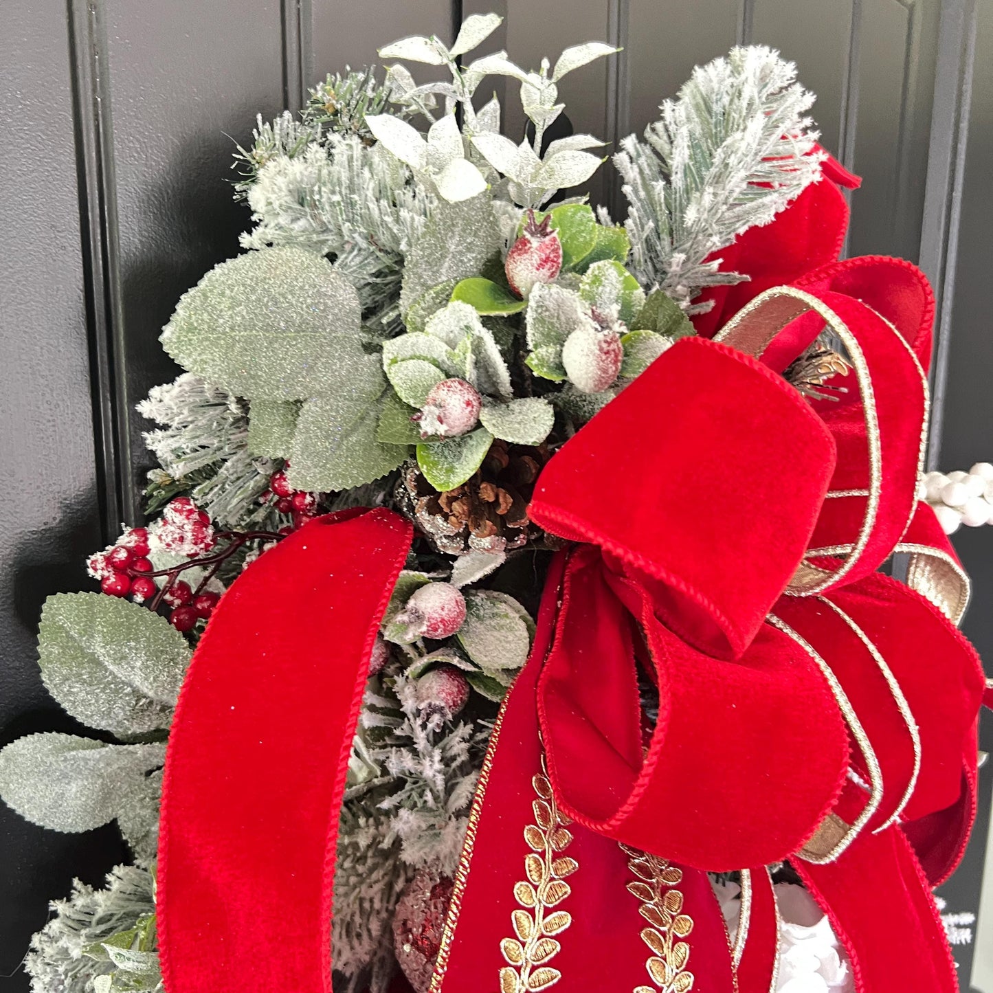 Flocked Evergreen Christmas Swag, Red Velvet Bow Door Decor, Winter Holiday Accent