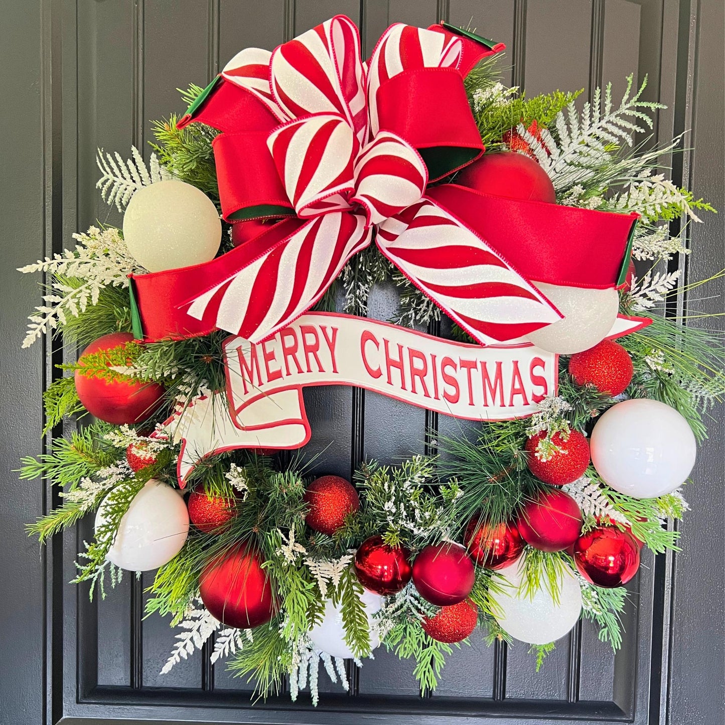 Red White Ornament Christmas Wreath, Merry Christmas Door Decor, Peppermint Holiday Accent