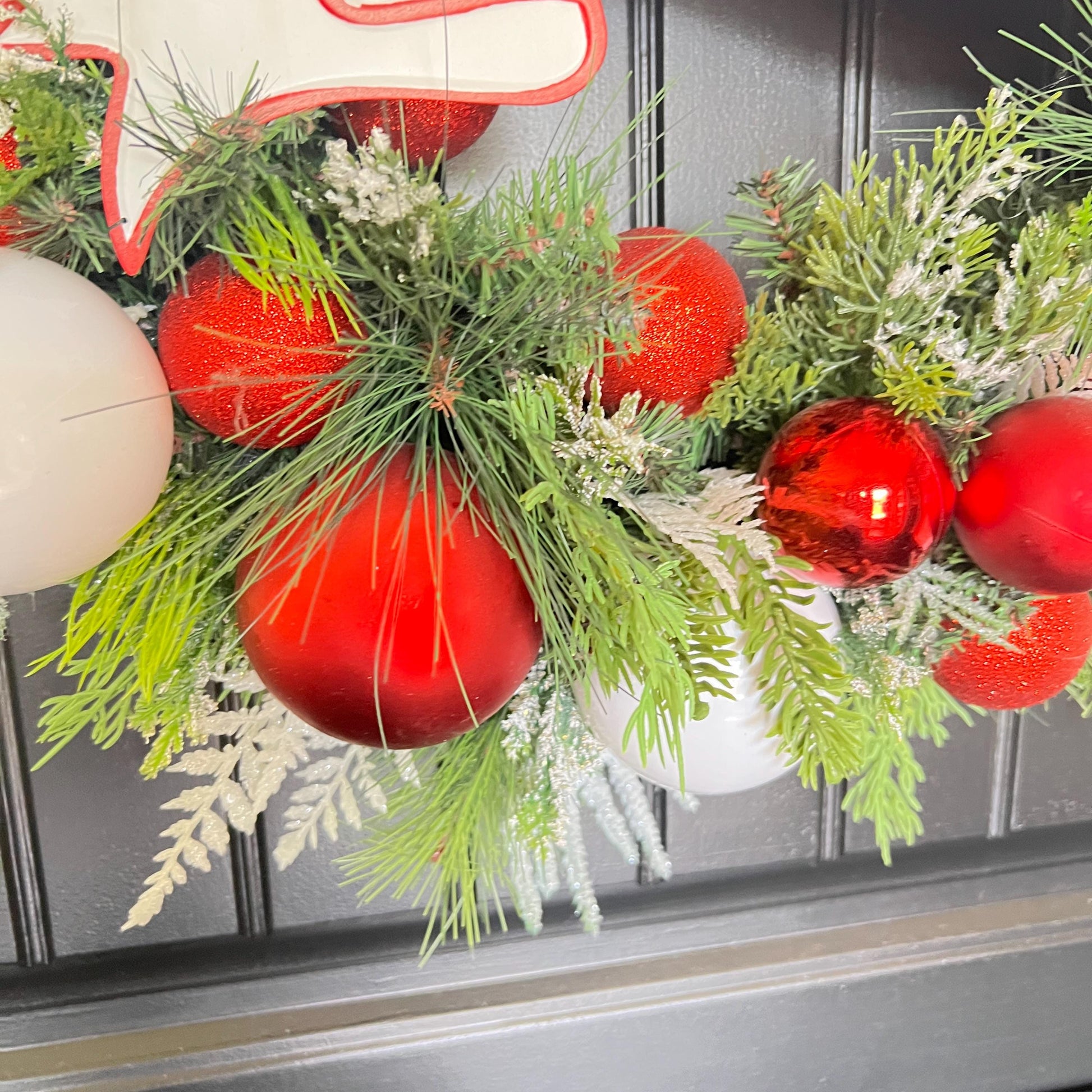 Red White Ornament Christmas Wreath, Merry Christmas Door Decor, Peppermint Holiday Accent