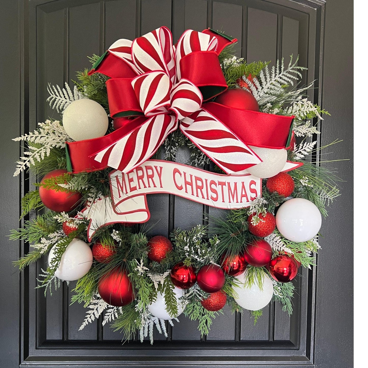 Red White Ornament Christmas Wreath, Merry Christmas Door Decor, Peppermint Holiday Accent