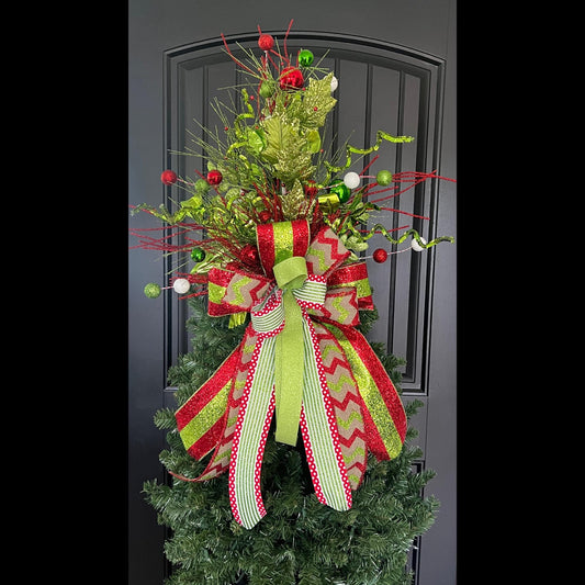 Handcrafted Whimsical Christmas Tree Topper, Red Lime Green Bow Decoration