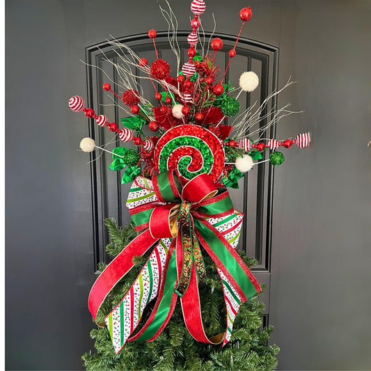 Handcrafted Peppermint Christmas Tree Topper, Whimsical Candy Theme Decor, Red Green Bow