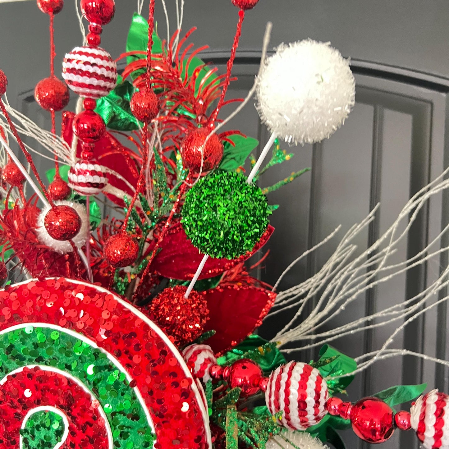 Handcrafted Peppermint Christmas Tree Topper, Whimsical Candy Theme Decor, Red Green Bow