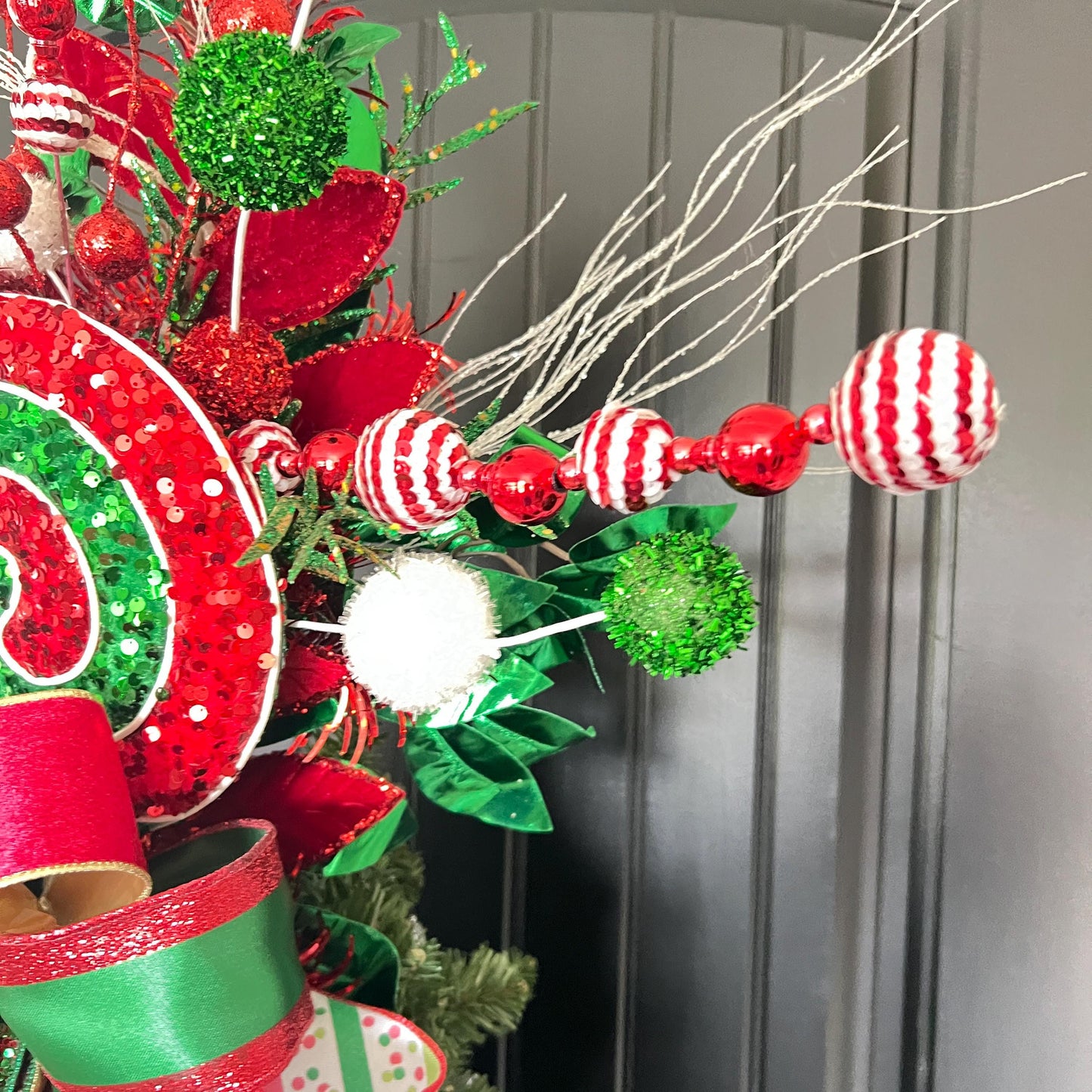Handcrafted Peppermint Christmas Tree Topper, Whimsical Candy Theme Decor, Red Green Bow