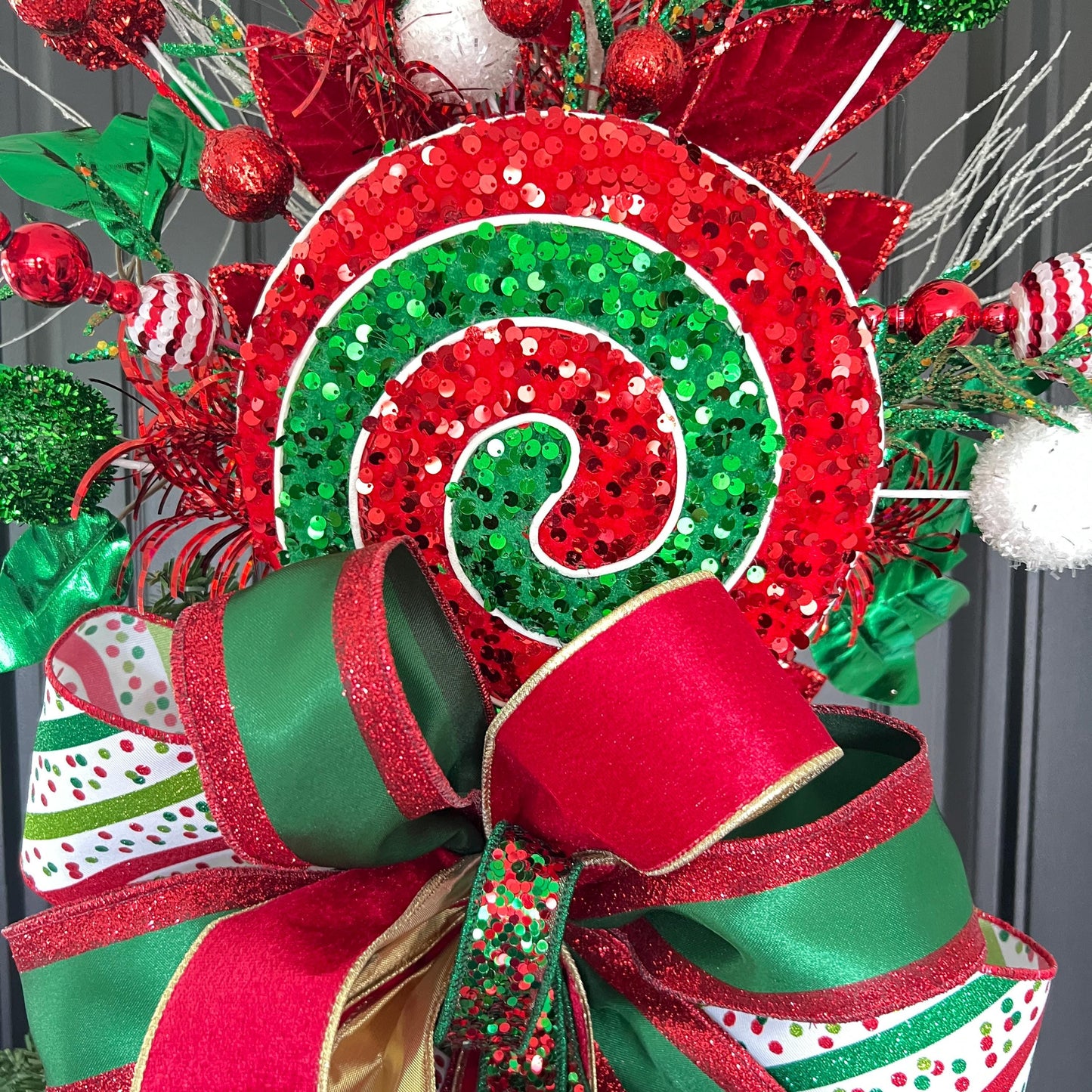 Handcrafted Peppermint Christmas Tree Topper, Whimsical Candy Theme Decor, Red Green Bow