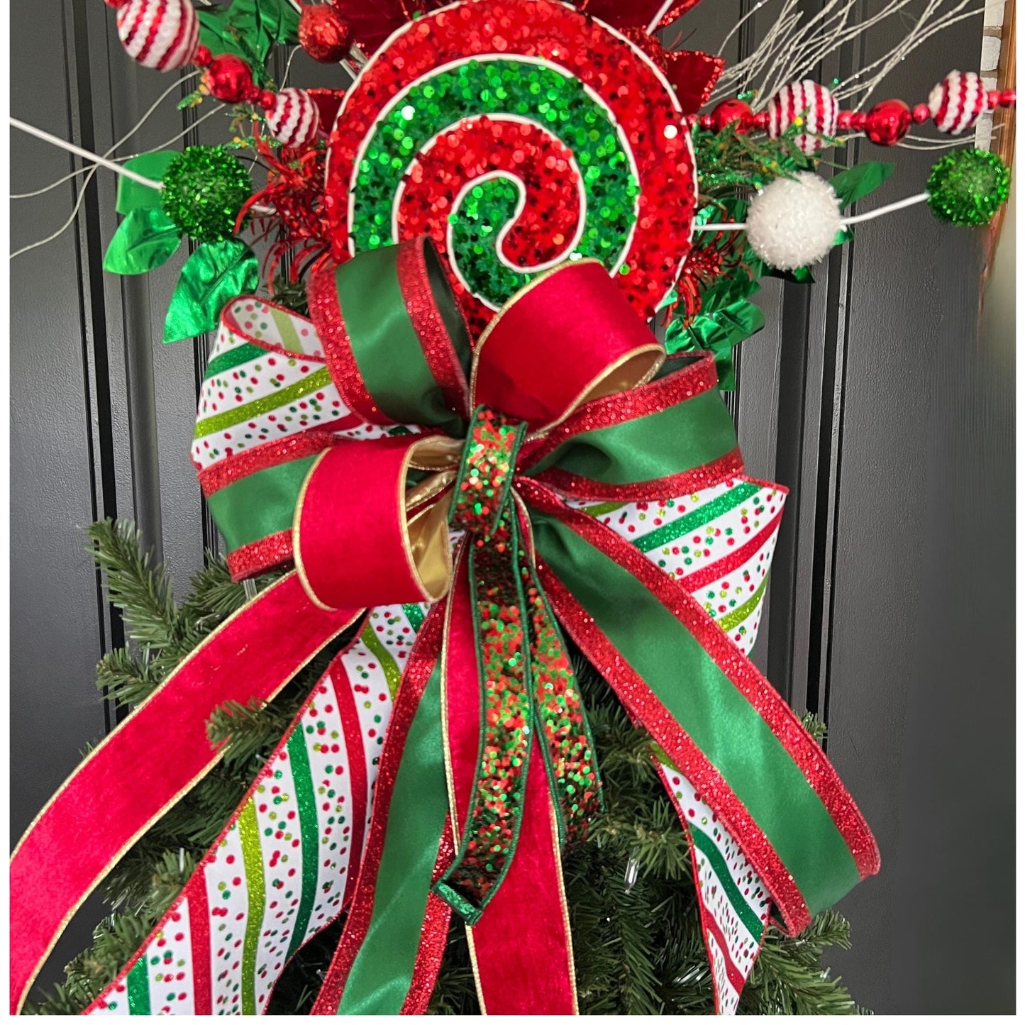 Handcrafted Peppermint Christmas Tree Topper, Whimsical Candy Theme Decor, Red Green Bow