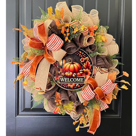 Handmade Fall Pumpkin Wreath, Rustic Farmhouse Door Decor, Autumn Welcome Sign