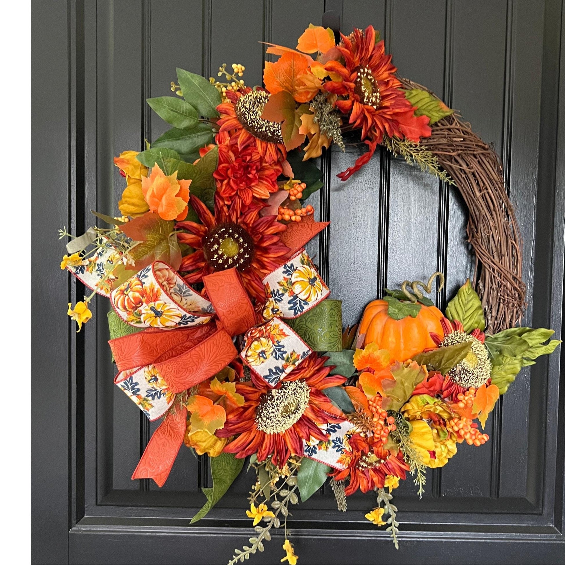 Handmade Sunflower Pumpkin Wreath, Rustic Fall Grapevine Door Decor