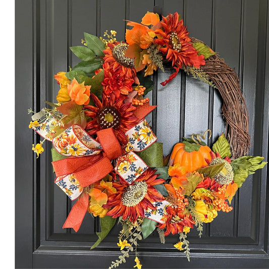 Handmade Sunflower Pumpkin Wreath, Rustic Fall Grapevine Door Decor