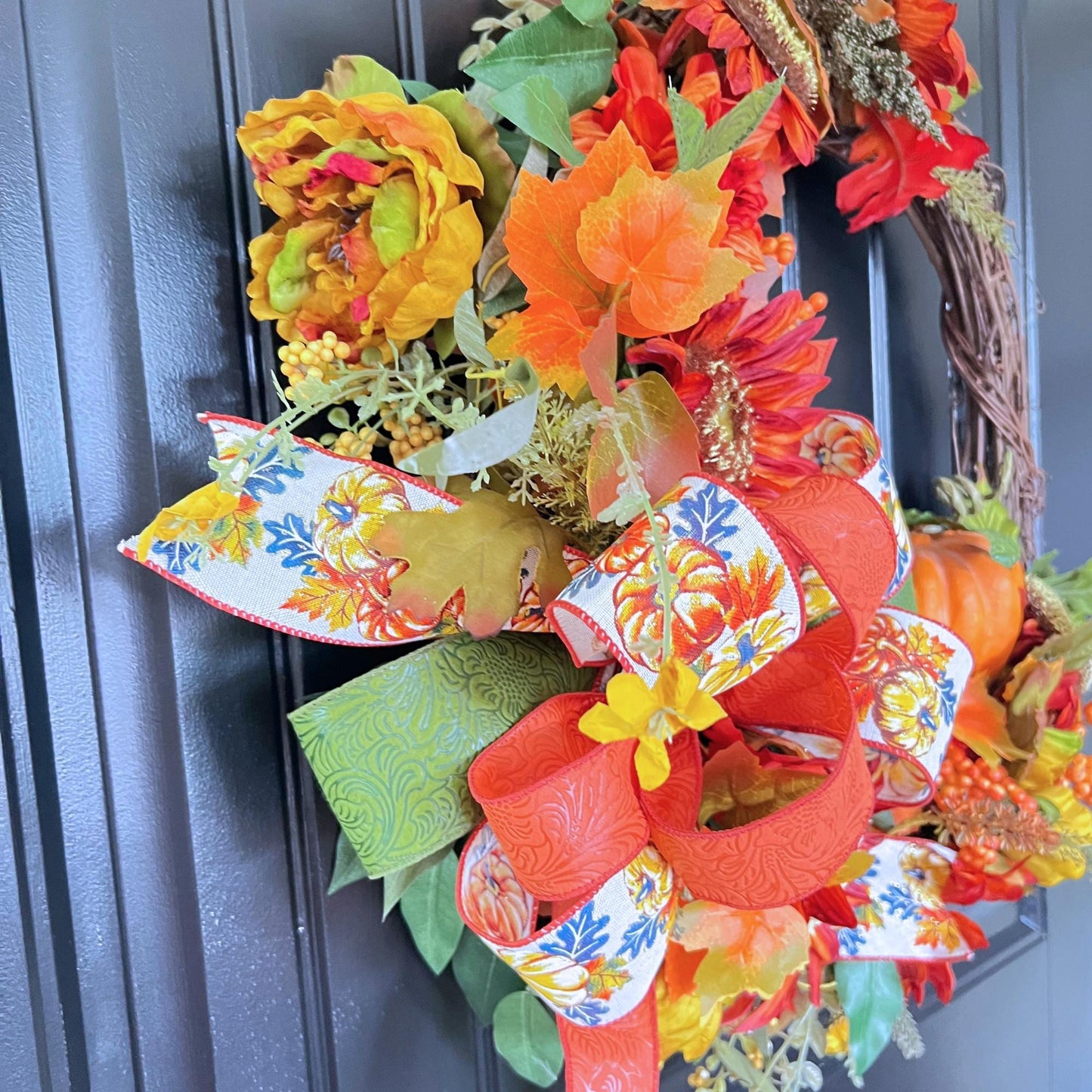 Handmade Sunflower Pumpkin Wreath, Rustic Fall Grapevine Door Decor