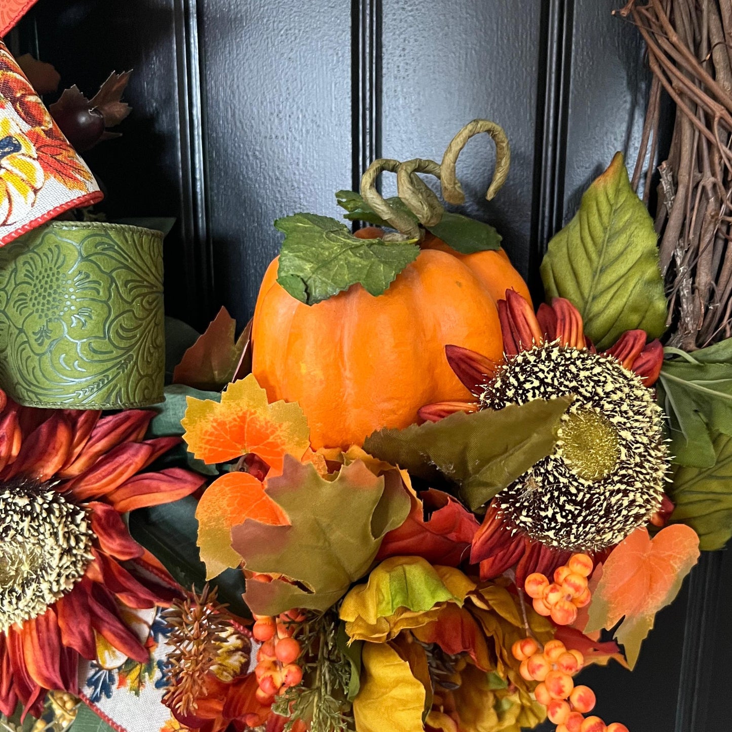 Handmade Sunflower Pumpkin Wreath, Rustic Fall Grapevine Door Decor