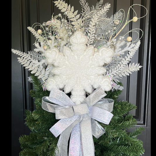 Handmade White Snowflake Tree Topper, Silver Bow, Winter Wonderland Decor