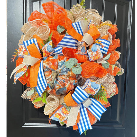 Handcrafted Decoupage Pumpkin Fall Wreath, Farmhouse Autumn Door Decor