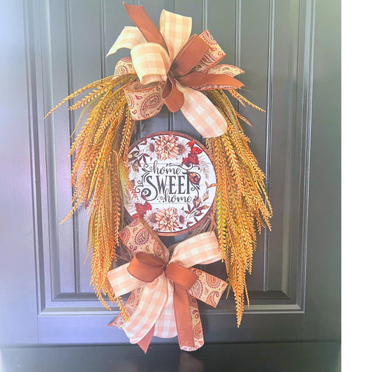 Handcrafted Fall Seagrass Wreath, Home Sweet Home Sign, Farmhouse Door Decor, Gold Rust Grapevine