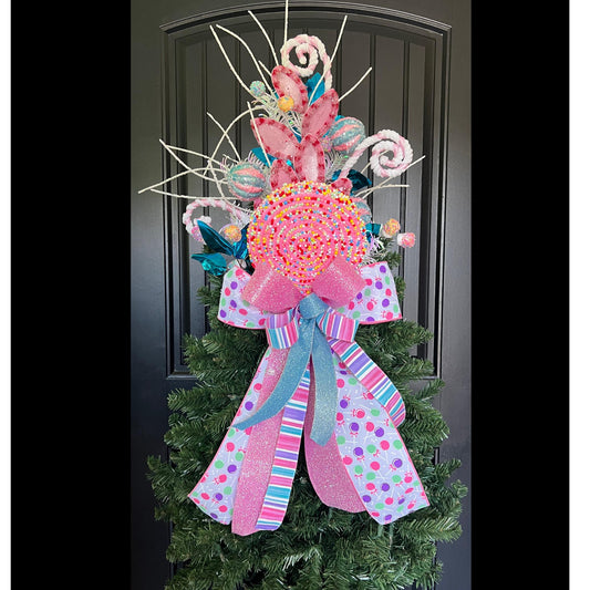Handcrafted Pastel Candy Christmas Tree Topper, Whimsical Candyland Decor, Lollipop Bow