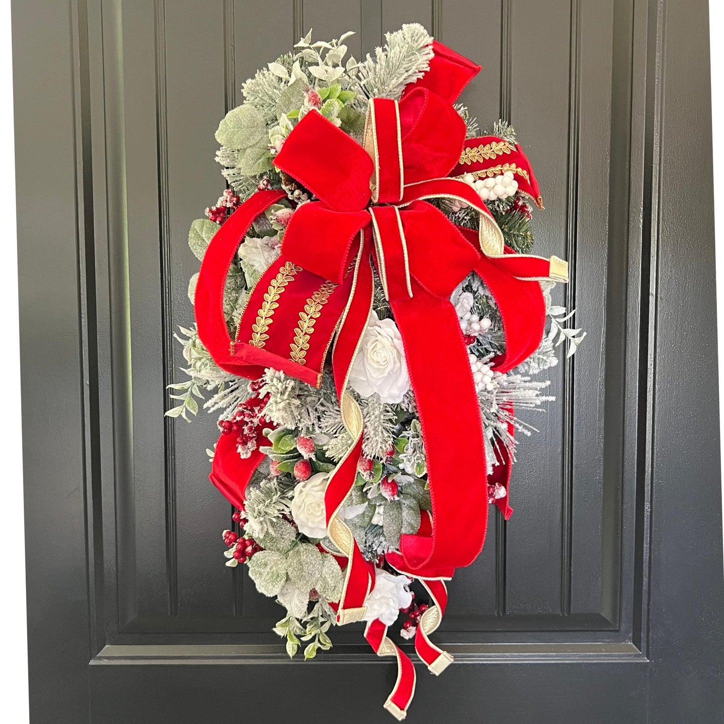 Flocked Evergreen Christmas Swag, Red Velvet Bow Door Decor, Winter Holiday Accent