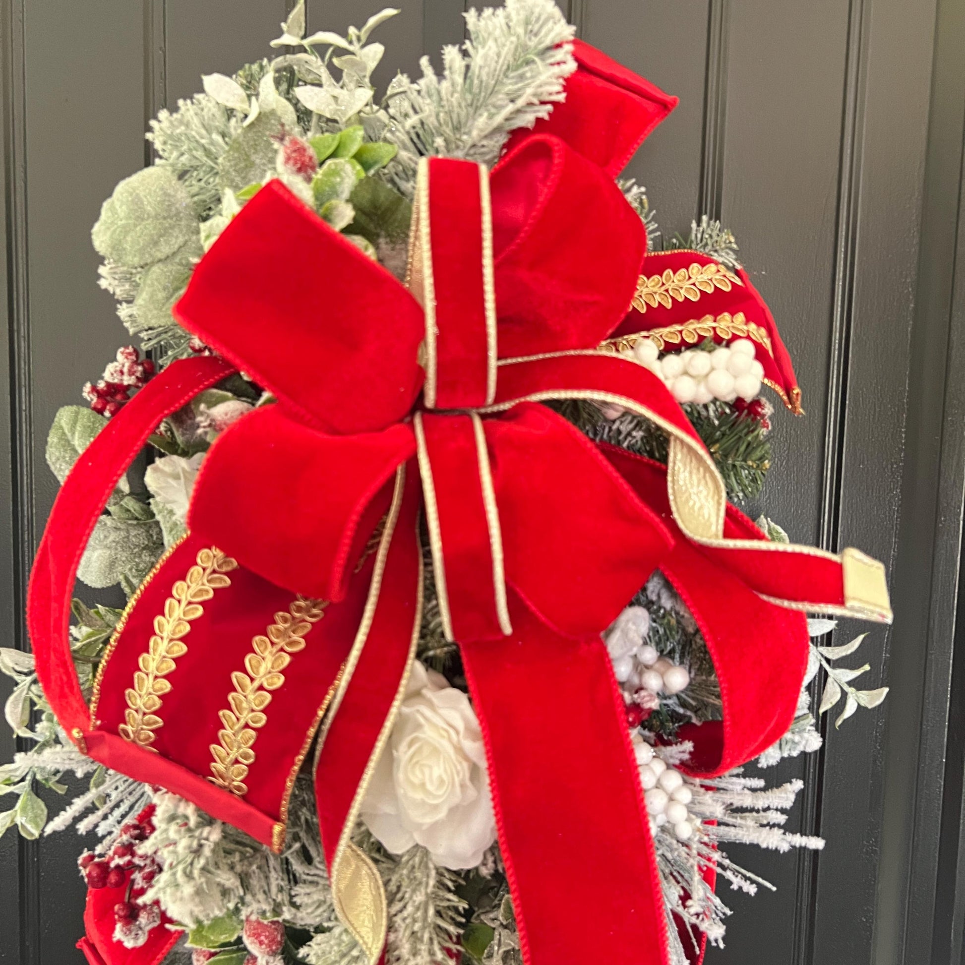 Flocked Evergreen Christmas Swag, Red Velvet Bow Door Decor, Winter Holiday Accent