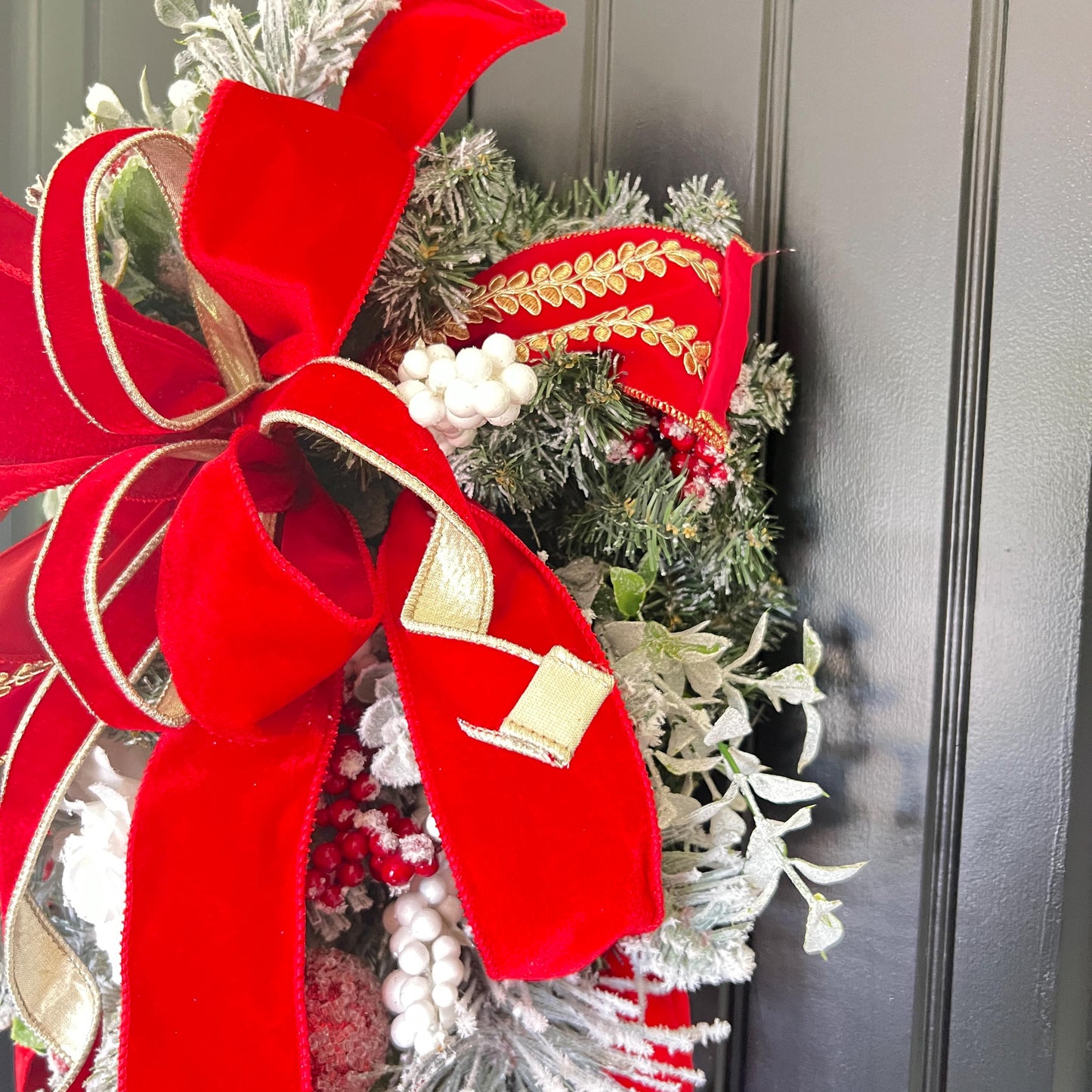 Flocked Evergreen Christmas Swag, Red Velvet Bow Door Decor, Winter Holiday Accent