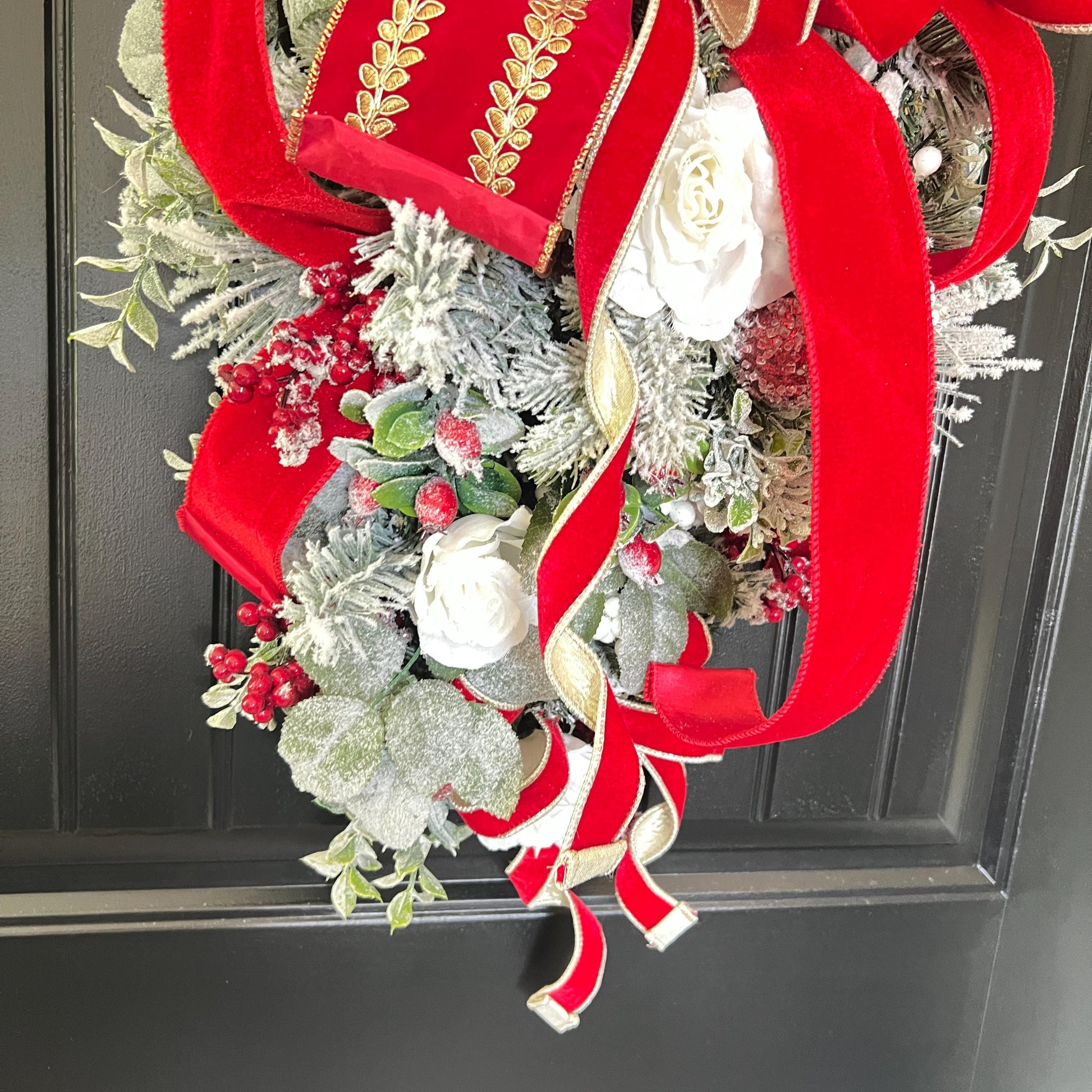Flocked Evergreen Christmas Swag, Red Velvet Bow Door Decor, Winter Holiday Accent