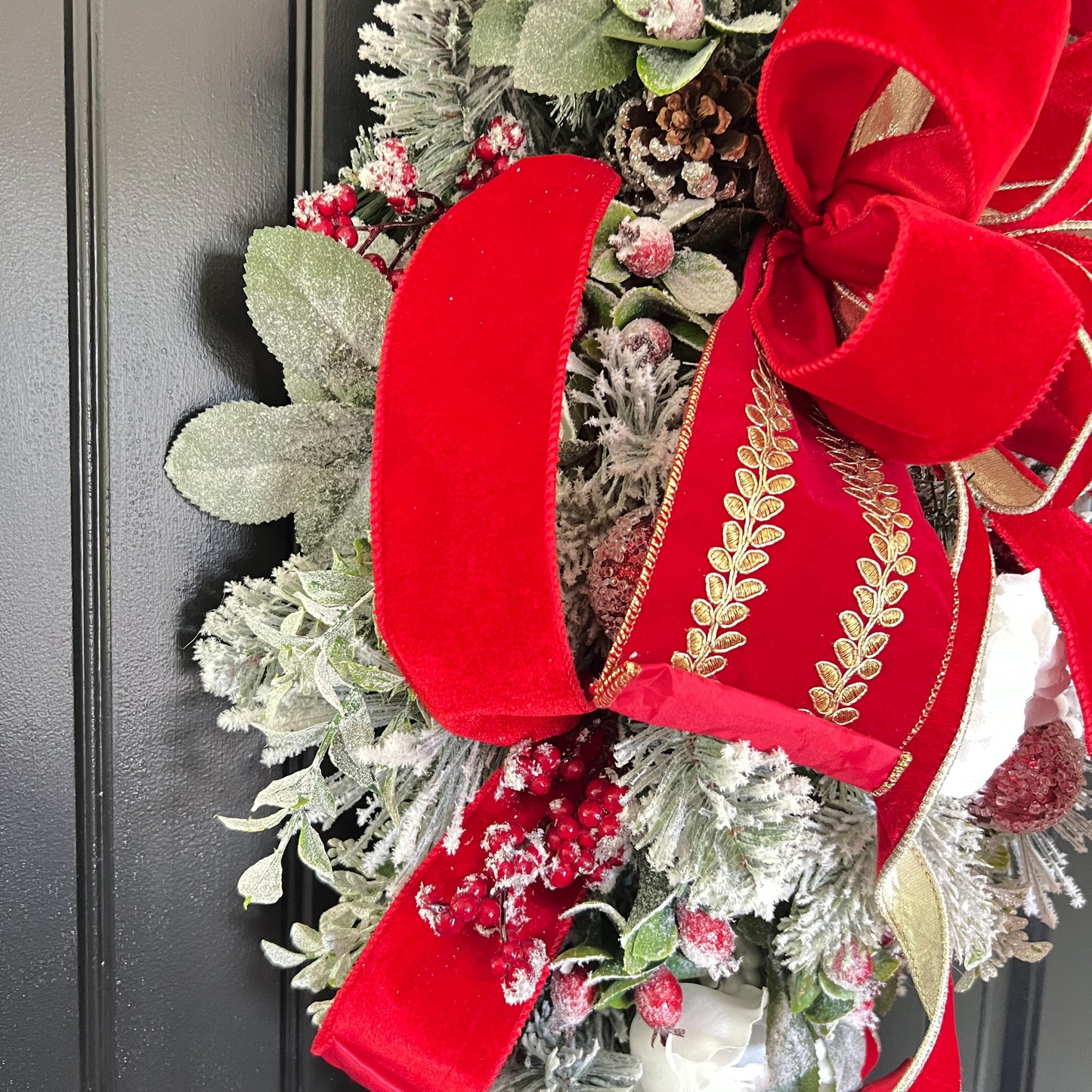 Flocked Evergreen Christmas Swag, Red Velvet Bow Door Decor, Winter Holiday Accent