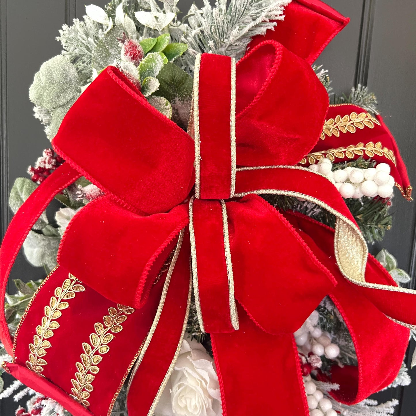 Flocked Evergreen Christmas Swag, Red Velvet Bow Door Decor, Winter Holiday Accent
