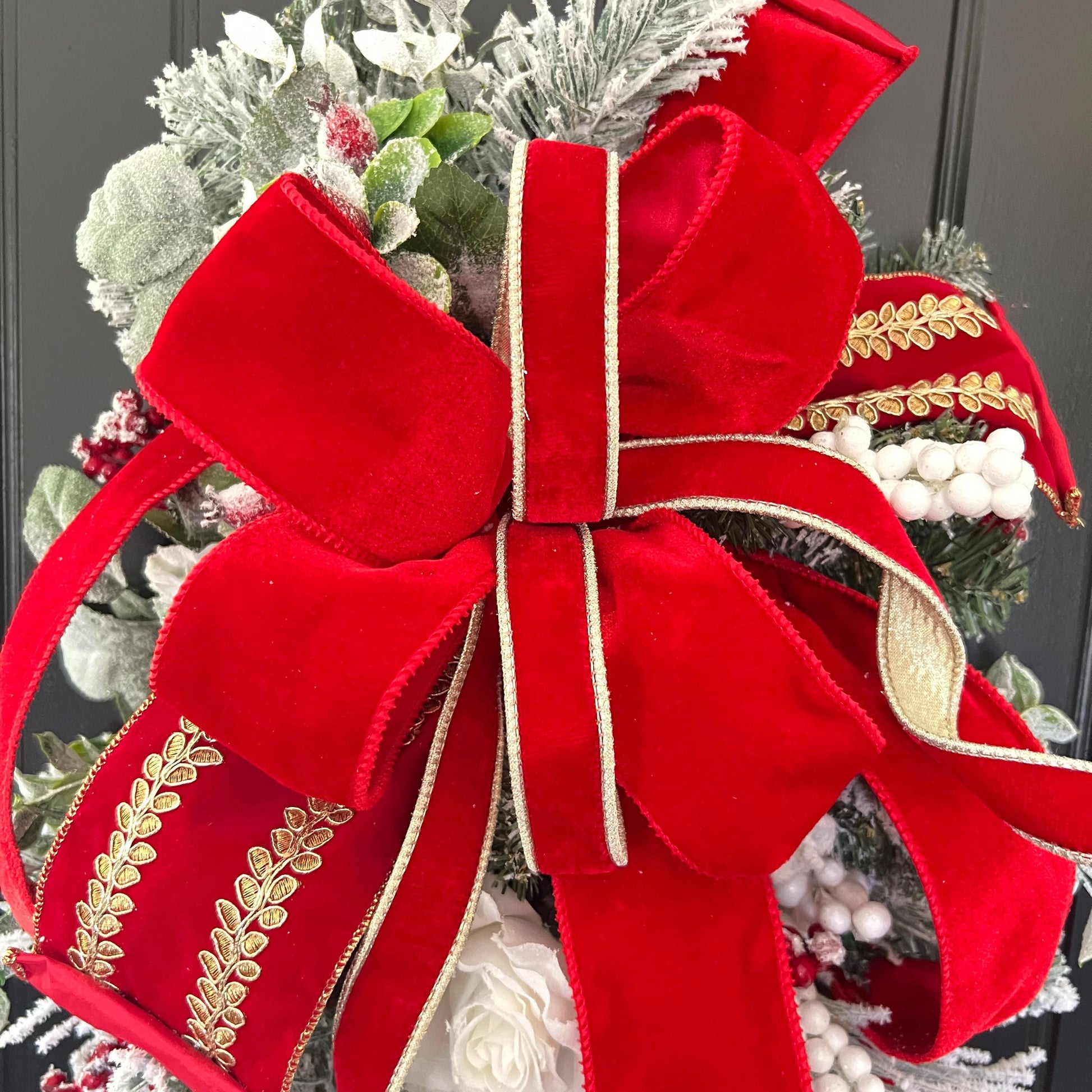 Flocked Evergreen Christmas Swag, Red Velvet Bow Door Decor, Winter Holiday Accent