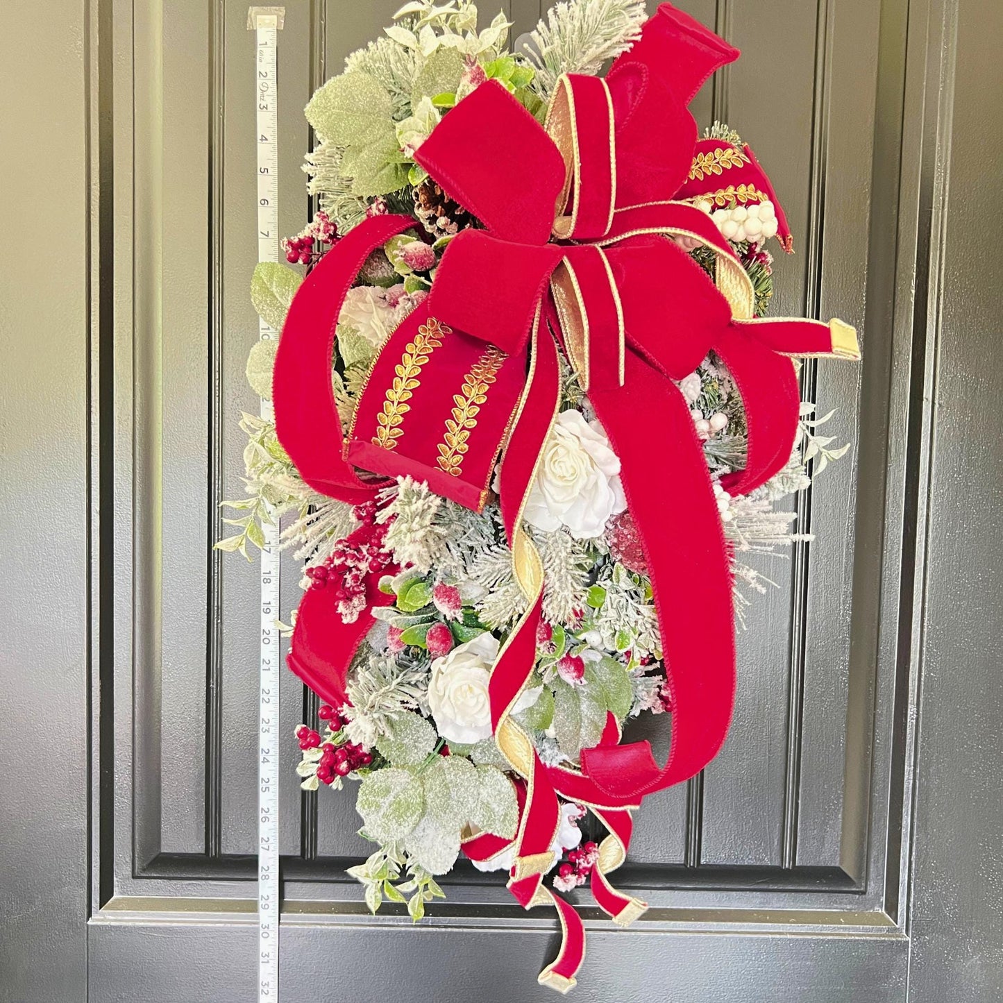 Flocked Evergreen Christmas Swag, Red Velvet Bow Door Decor, Winter Holiday Accent