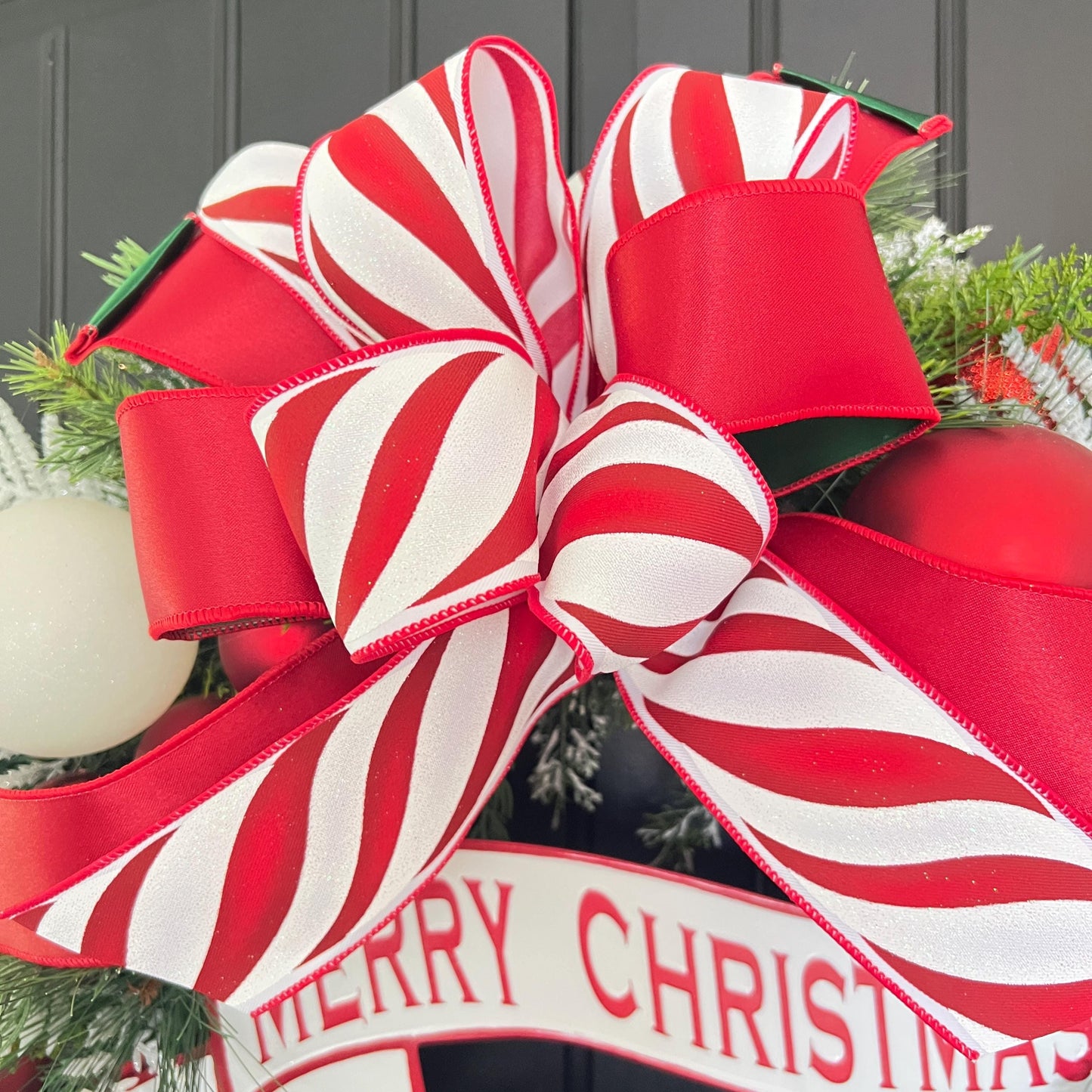 Red White Ornament Christmas Wreath, Merry Christmas Door Decor, Peppermint Holiday Accent