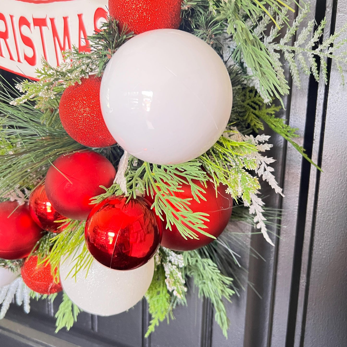 Red White Ornament Christmas Wreath, Merry Christmas Door Decor, Peppermint Holiday Accent