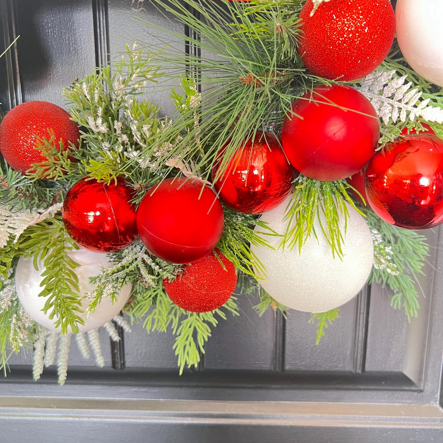 Red White Ornament Christmas Wreath, Merry Christmas Door Decor, Peppermint Holiday Accent