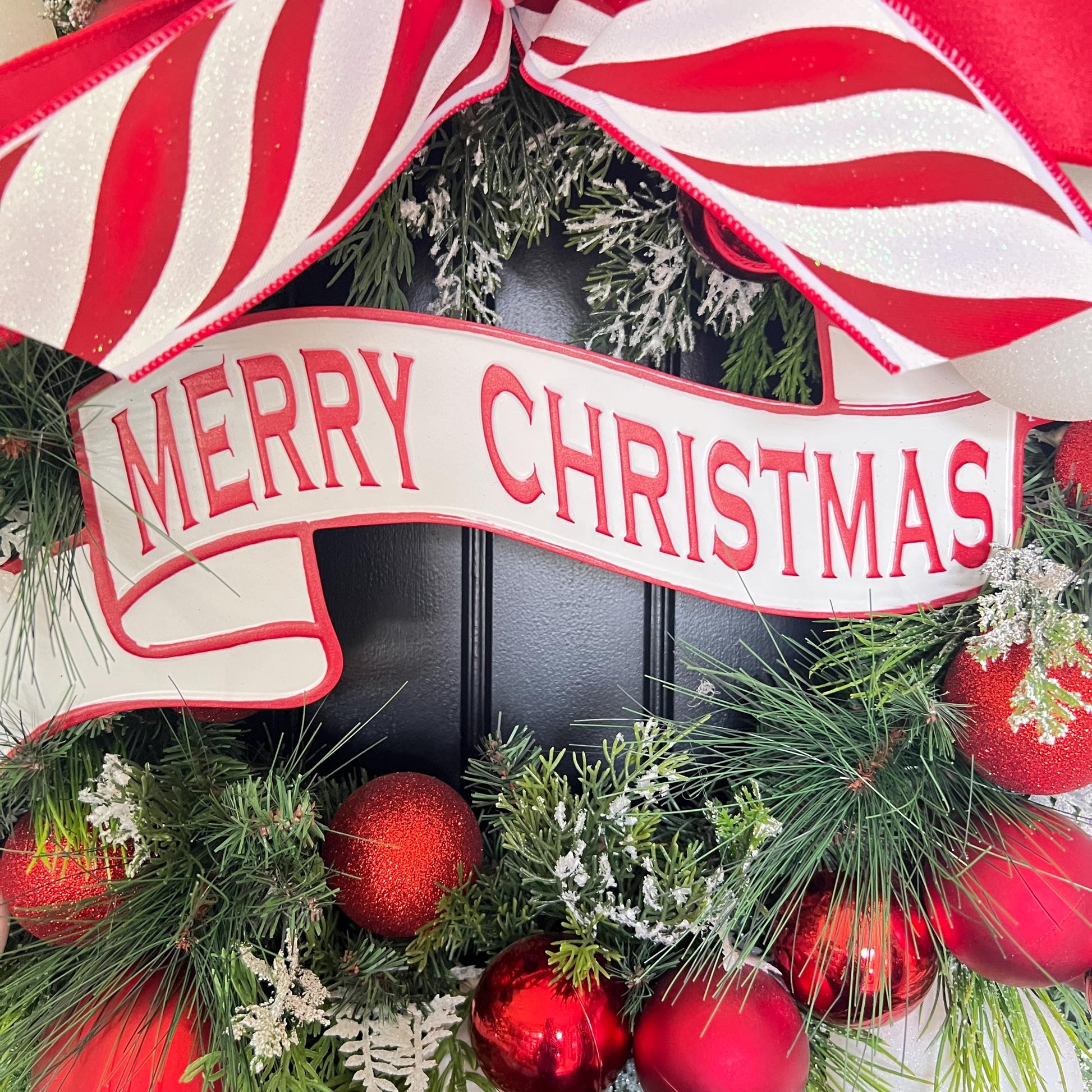 Red White Ornament Christmas Wreath, Merry Christmas Door Decor, Peppermint Holiday Accent