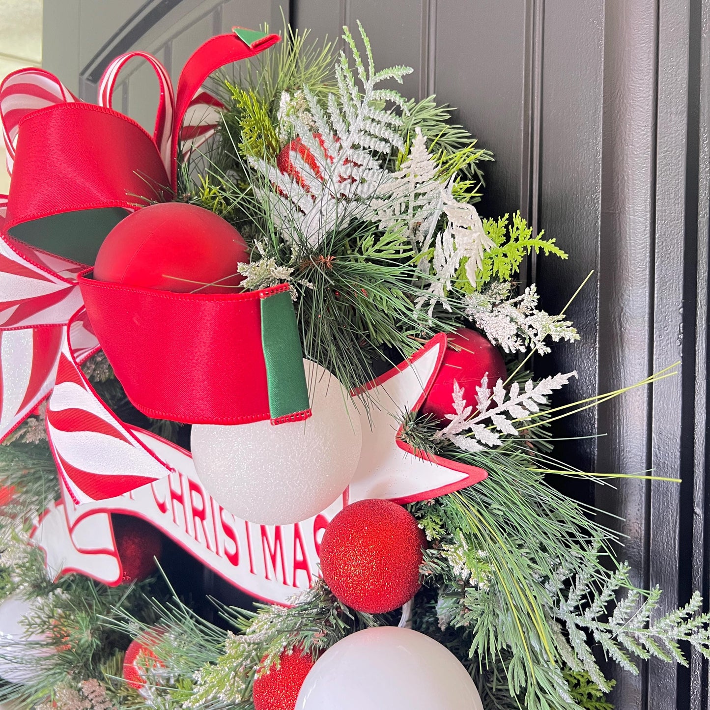 Red White Ornament Christmas Wreath, Merry Christmas Door Decor, Peppermint Holiday Accent