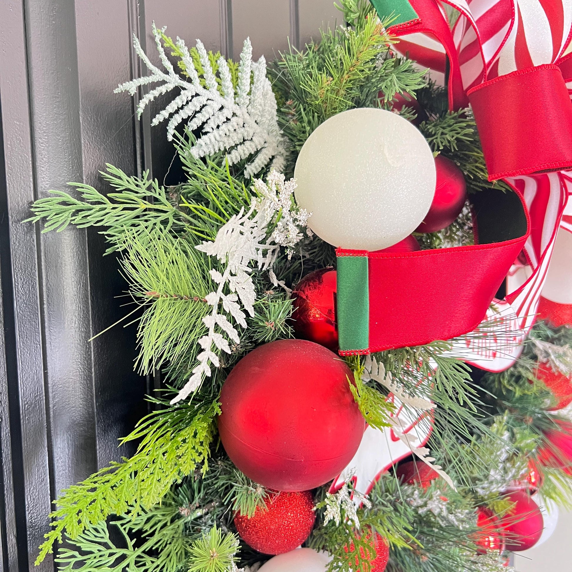 Red White Ornament Christmas Wreath, Merry Christmas Door Decor, Peppermint Holiday Accent