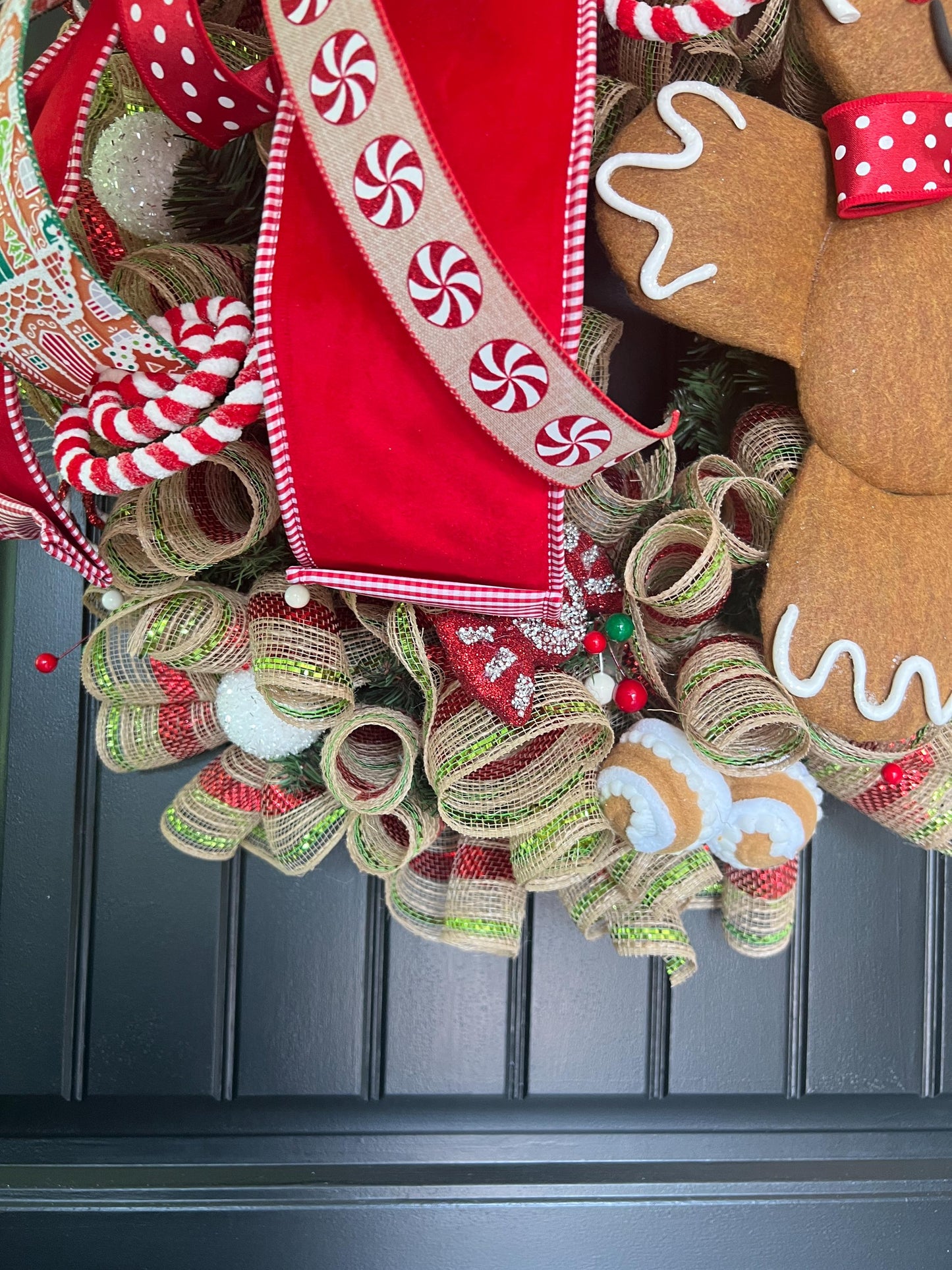 Large Gingerbread Christmas Wreath, Red Peppermint Candy Front Door Decor, 30 Inch