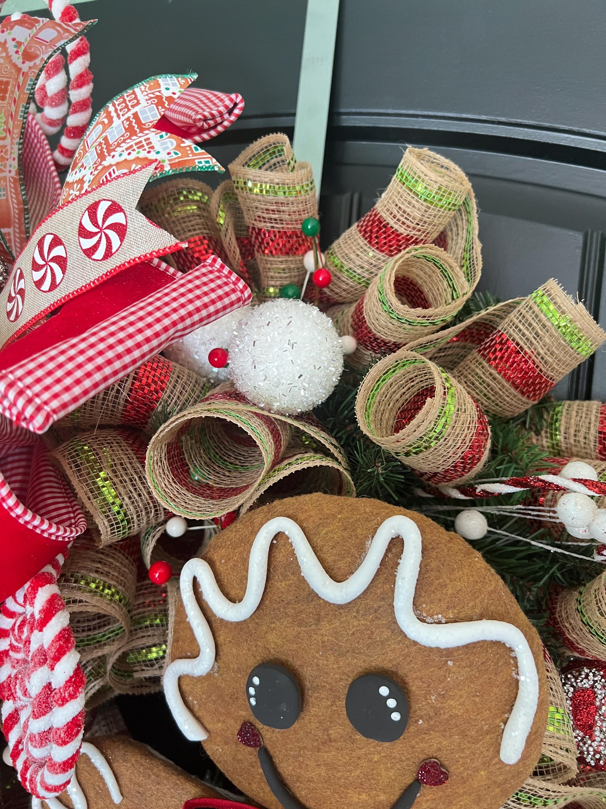 Large Gingerbread Christmas Wreath, Red Peppermint Candy Front Door Decor, 30 Inch