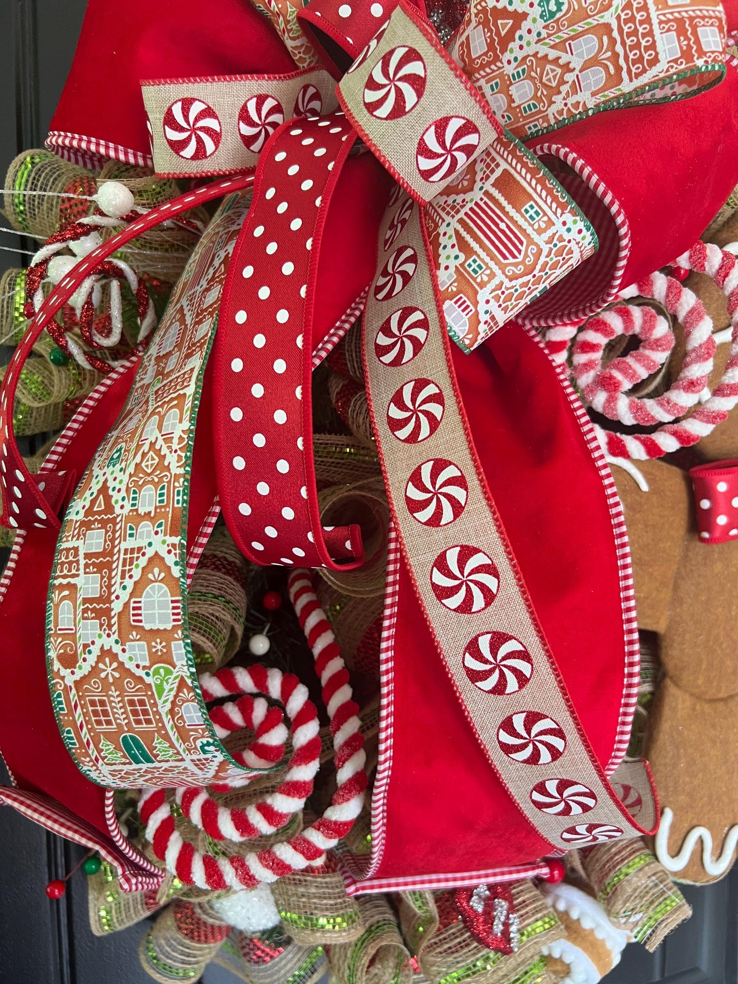 Large Gingerbread Christmas Wreath, Red Peppermint Candy Front Door Decor, 30 Inch