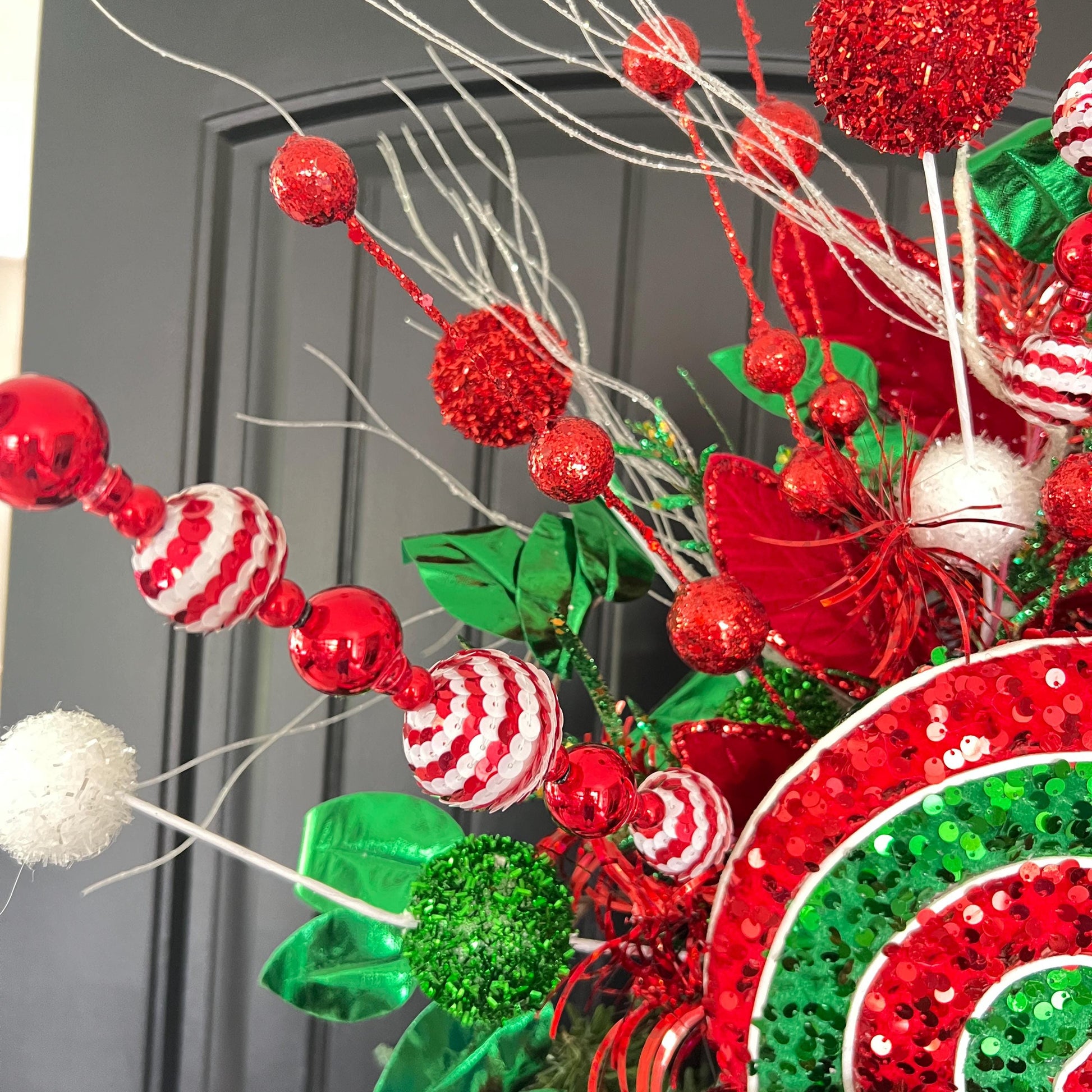 Handcrafted Peppermint Christmas Tree Topper, Whimsical Candy Theme Decor, Red Green Bow