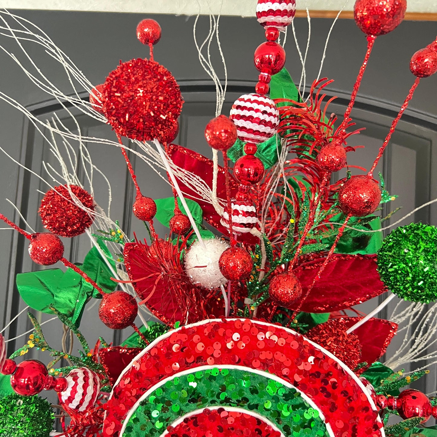 Handcrafted Peppermint Christmas Tree Topper, Whimsical Candy Theme Decor, Red Green Bow