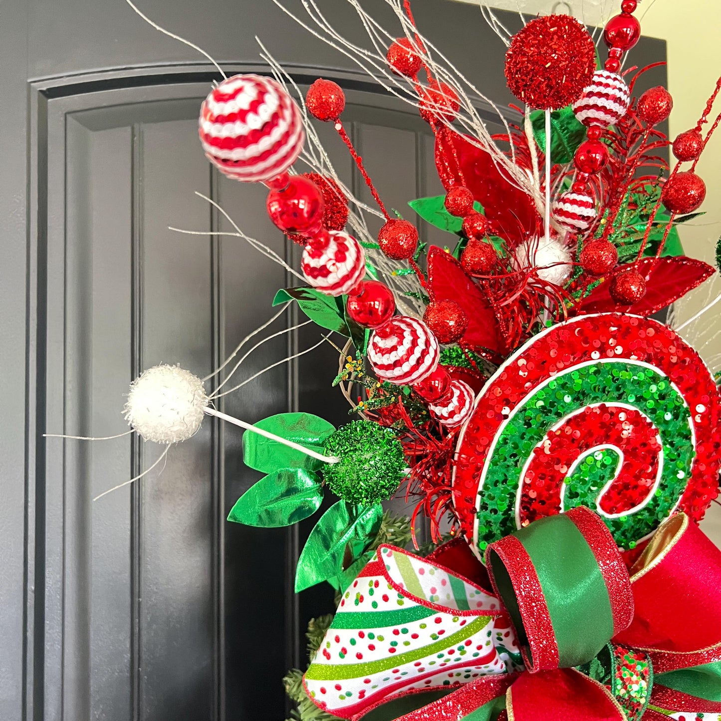 Handcrafted Peppermint Christmas Tree Topper, Whimsical Candy Theme Decor, Red Green Bow
