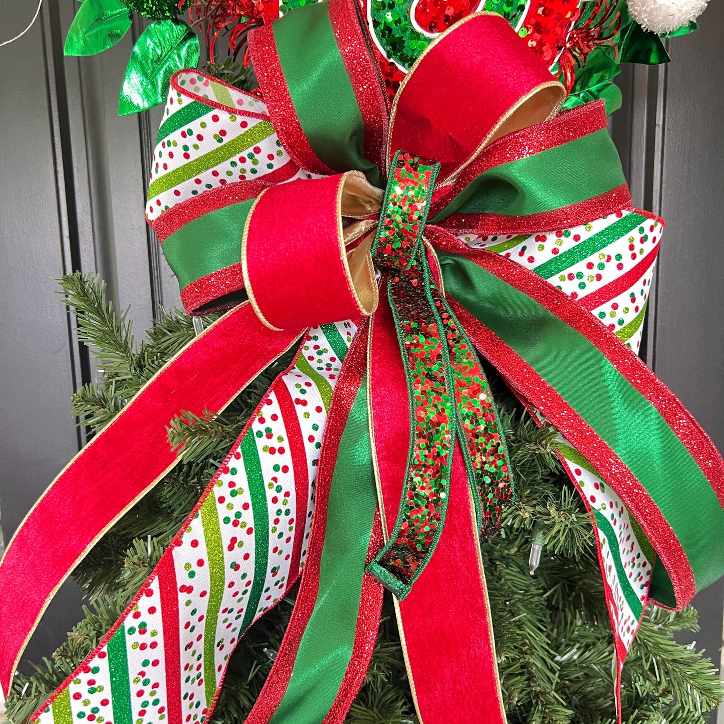 Handcrafted Peppermint Christmas Tree Topper, Whimsical Candy Theme Decor, Red Green Bow