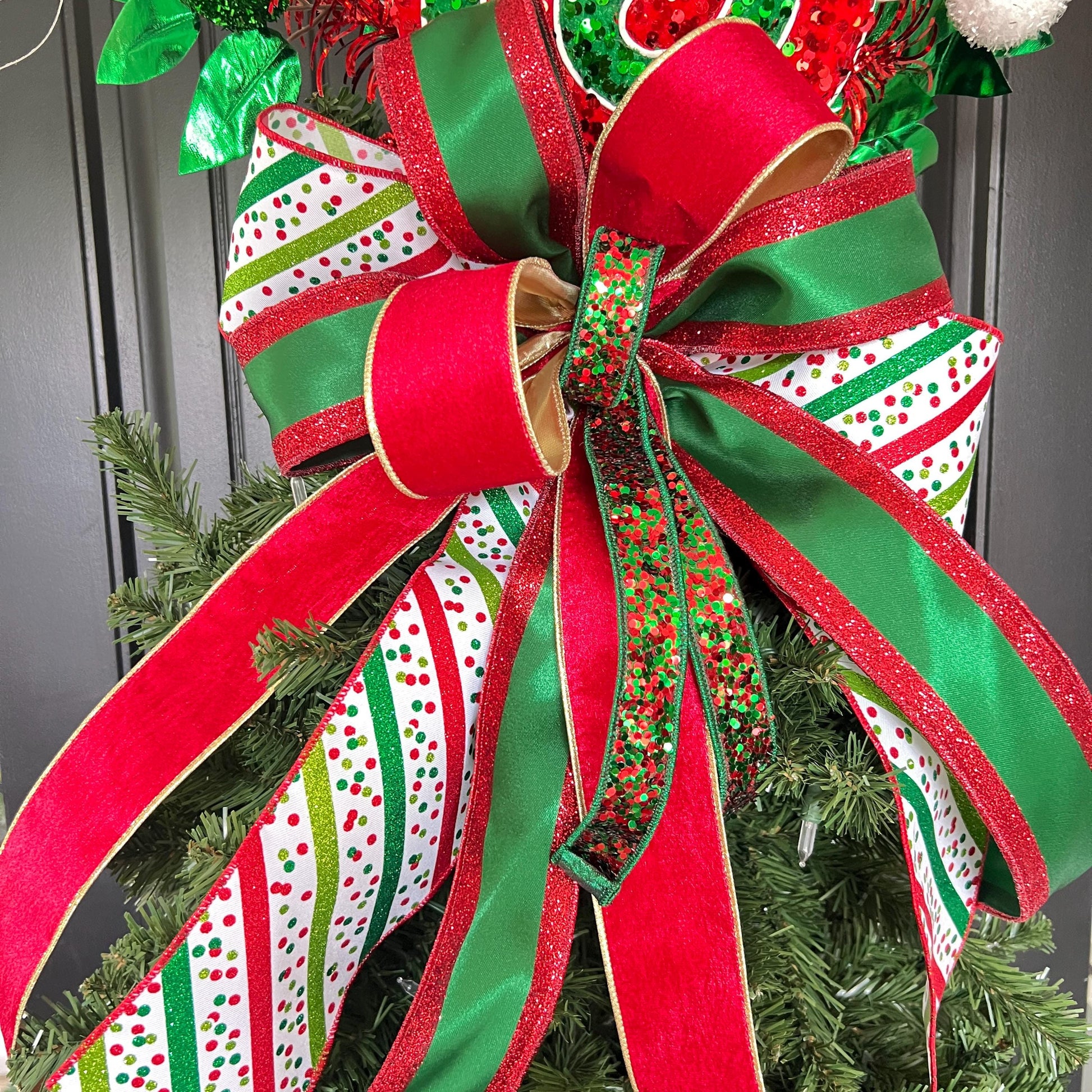 Handcrafted Peppermint Christmas Tree Topper, Whimsical Candy Theme Decor, Red Green Bow