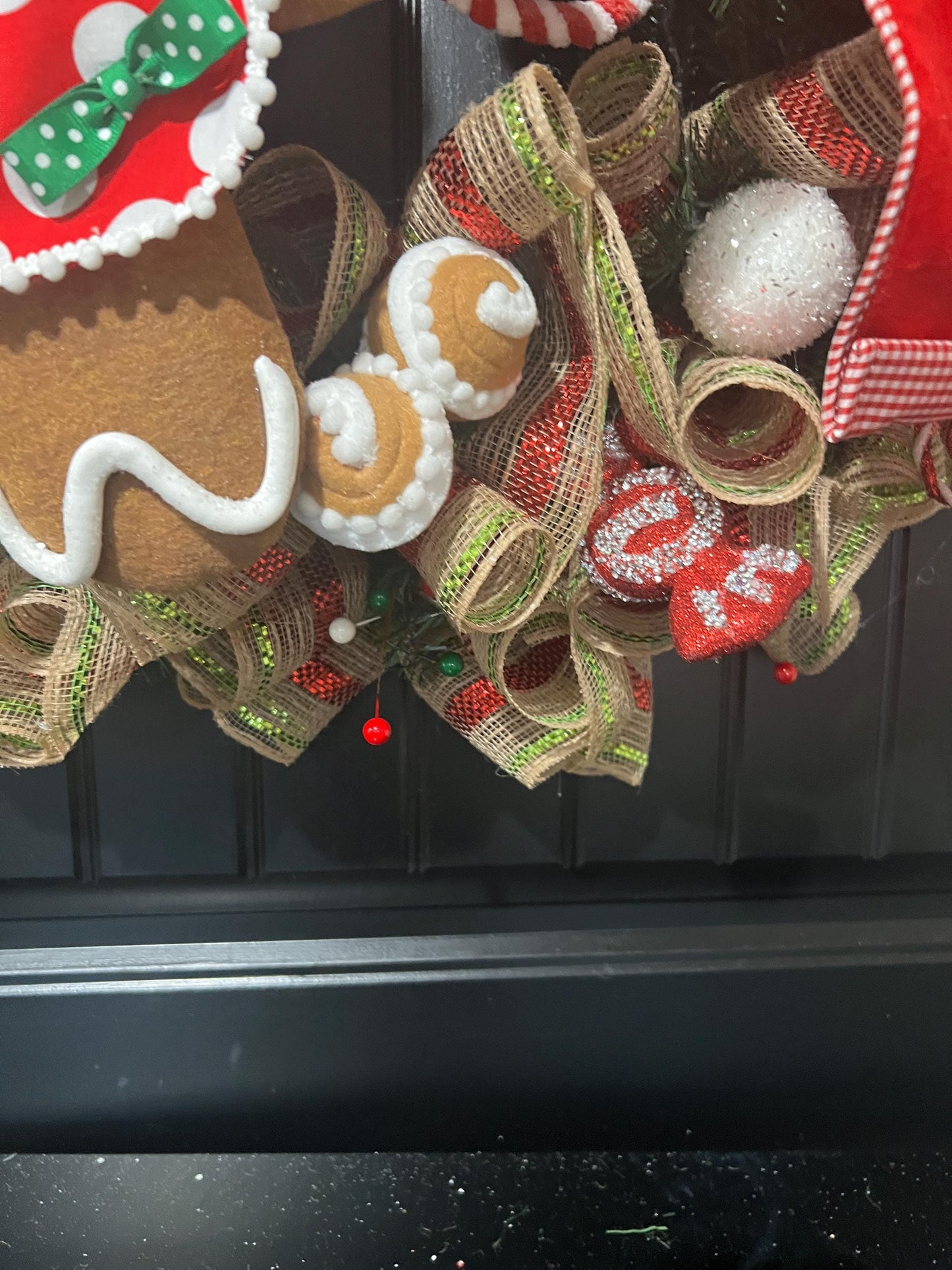 Handmade Gingerbread Girl Christmas Wreath, Candy Cane Holiday Decor, Red Green Bow