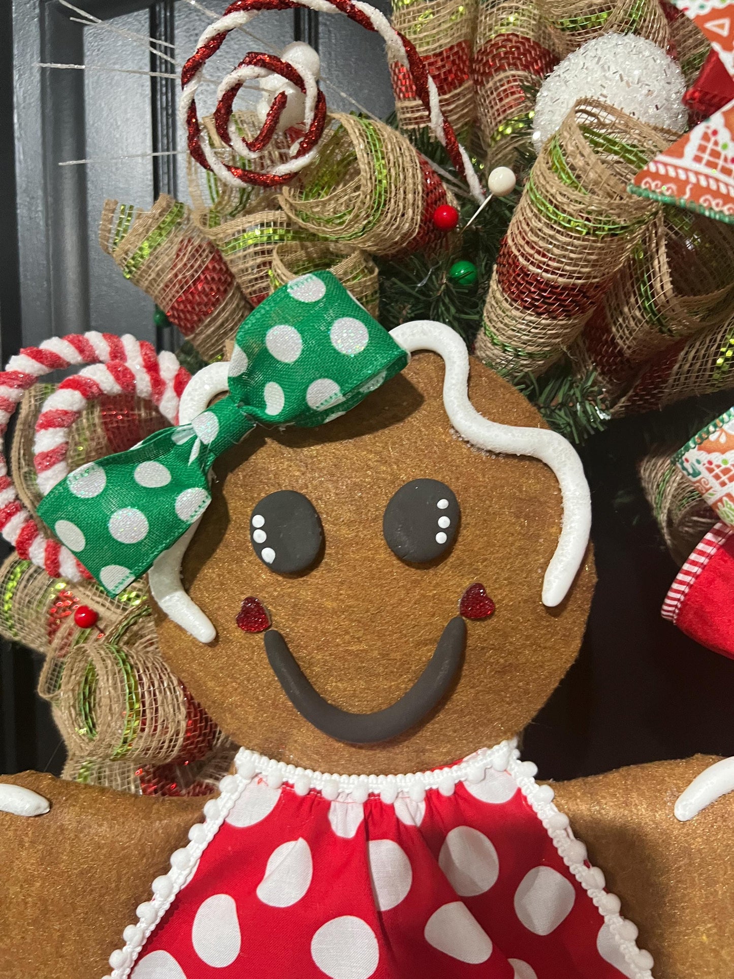 Handmade Gingerbread Girl Christmas Wreath, Candy Cane Holiday Decor, Red Green Bow