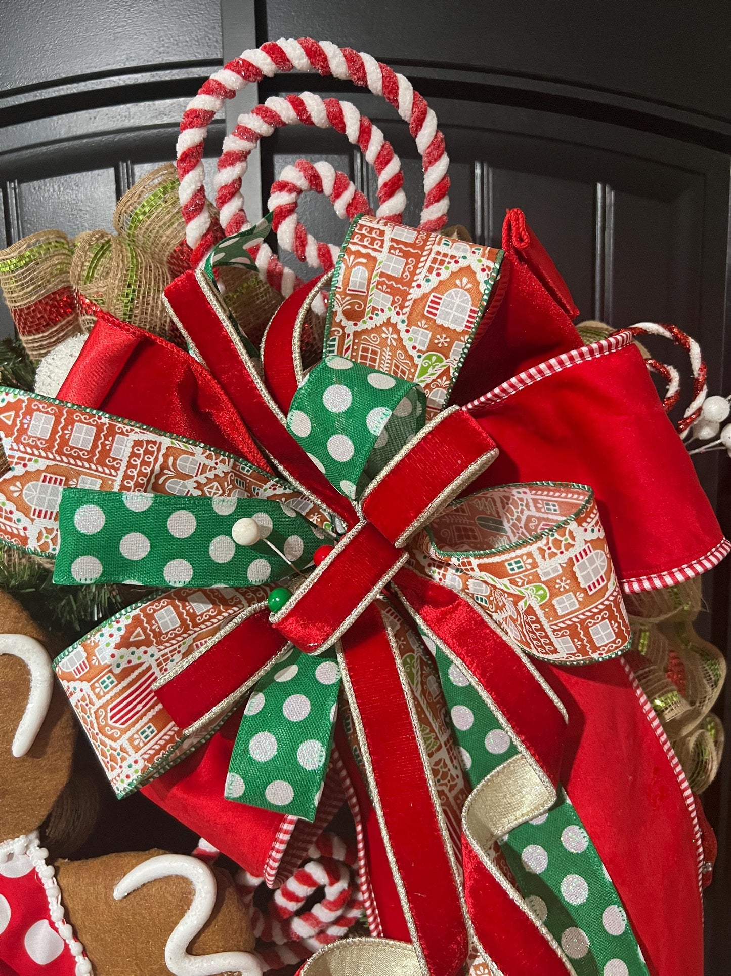 Handmade Gingerbread Girl Christmas Wreath, Candy Cane Holiday Decor, Red Green Bow