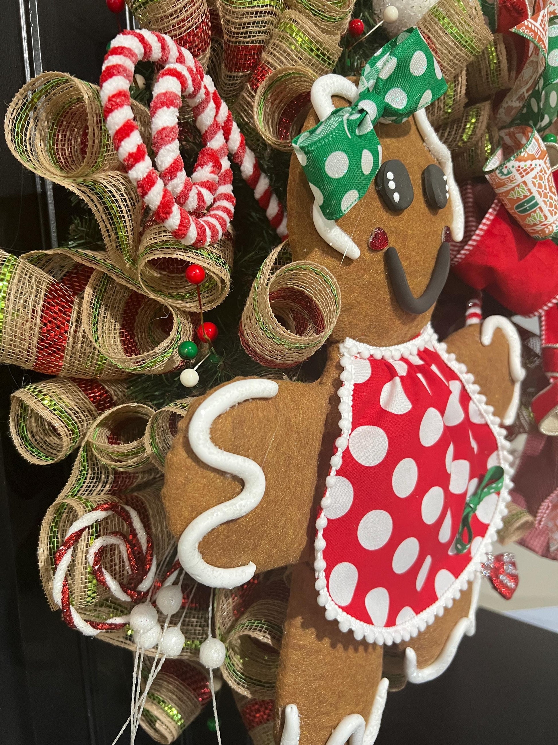Handmade Gingerbread Girl Christmas Wreath, Candy Cane Holiday Decor, Red Green Bow