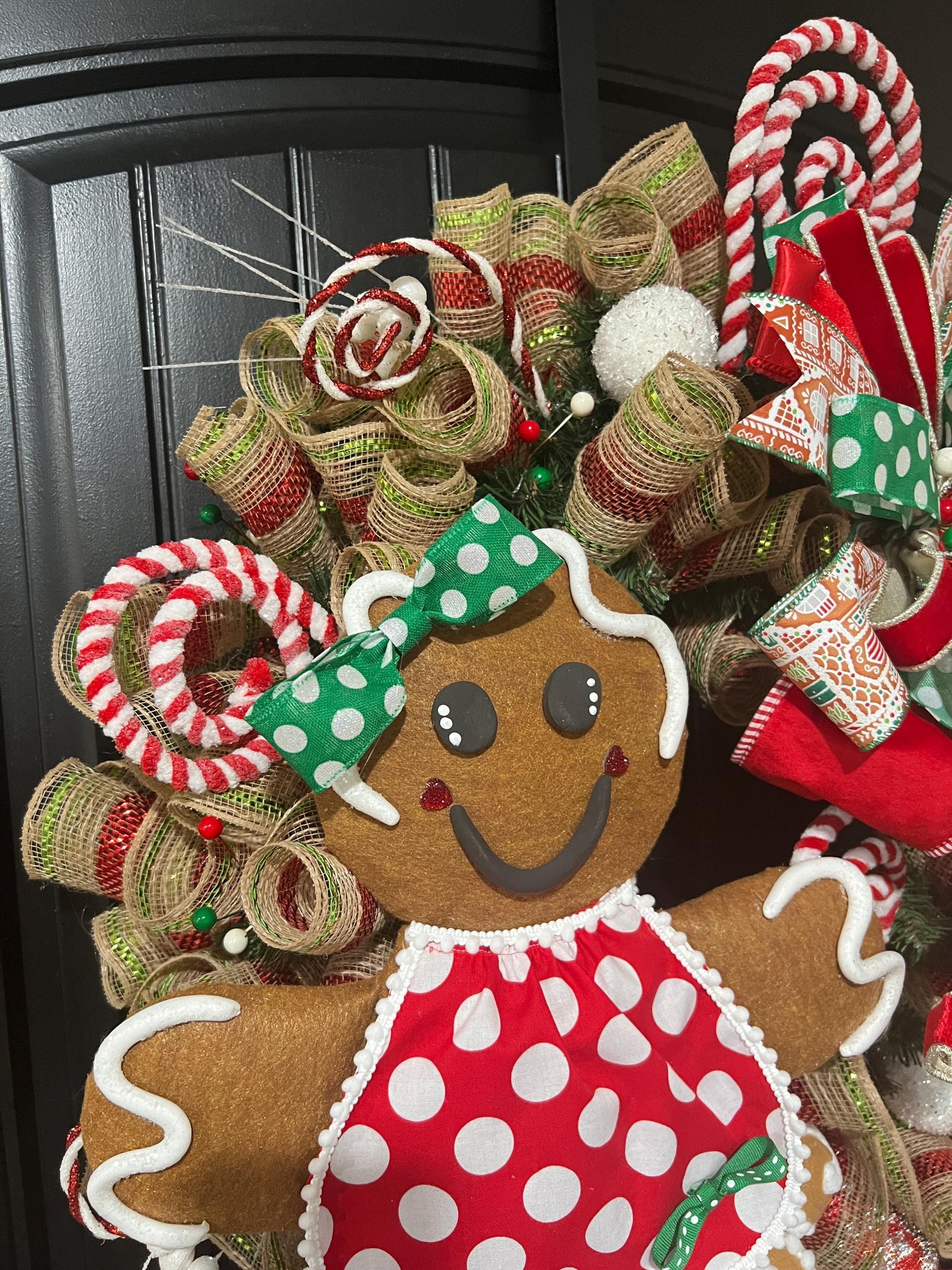 Handmade Gingerbread Girl Christmas Wreath, Candy Cane Holiday Decor, Red Green Bow