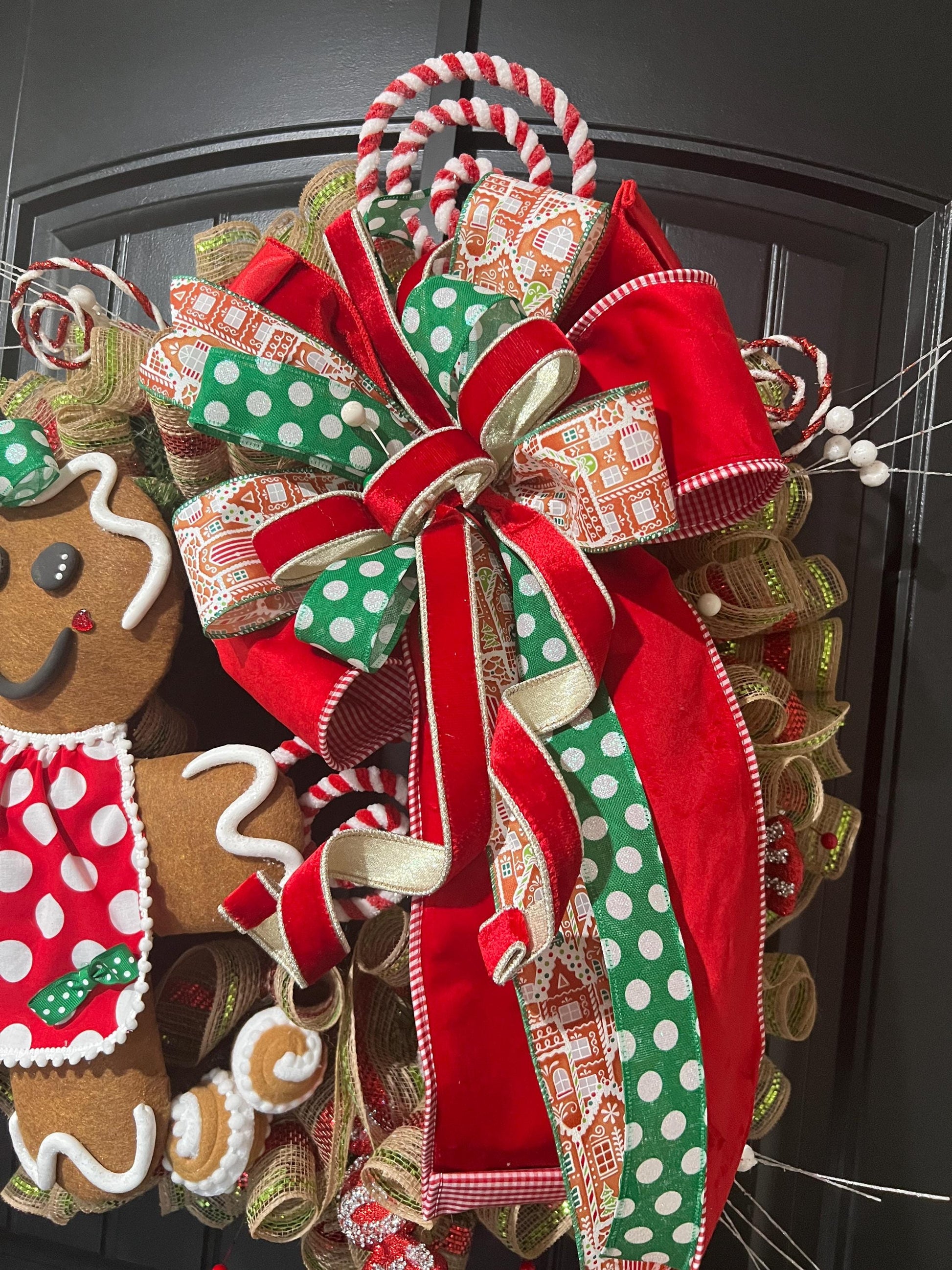 Handmade Gingerbread Girl Christmas Wreath, Candy Cane Holiday Decor, Red Green Bow
