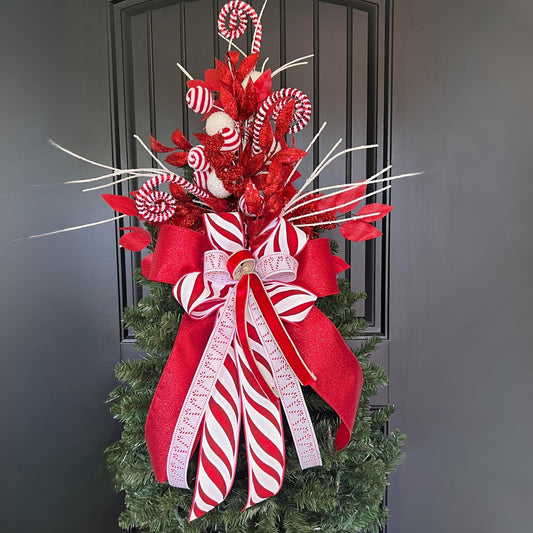 Handcrafted Peppermint Candy Christmas Tree Topper, Whimsical Red White Decor