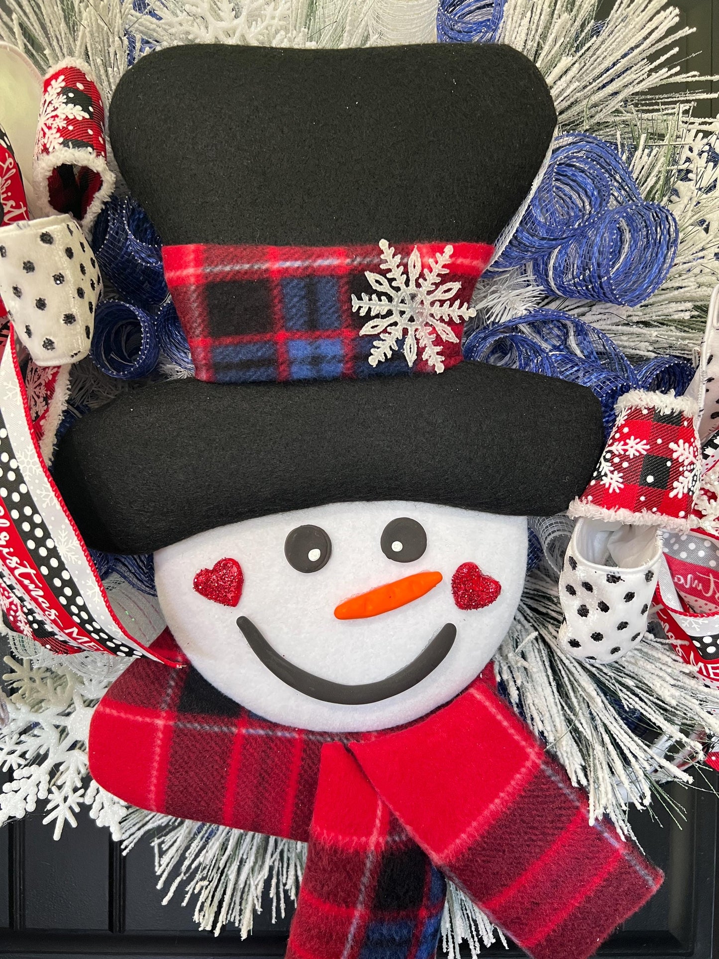 Handmade Snowman Christmas Wreath, Flocked Winter Door Decor, Red Black Plaid Scarf