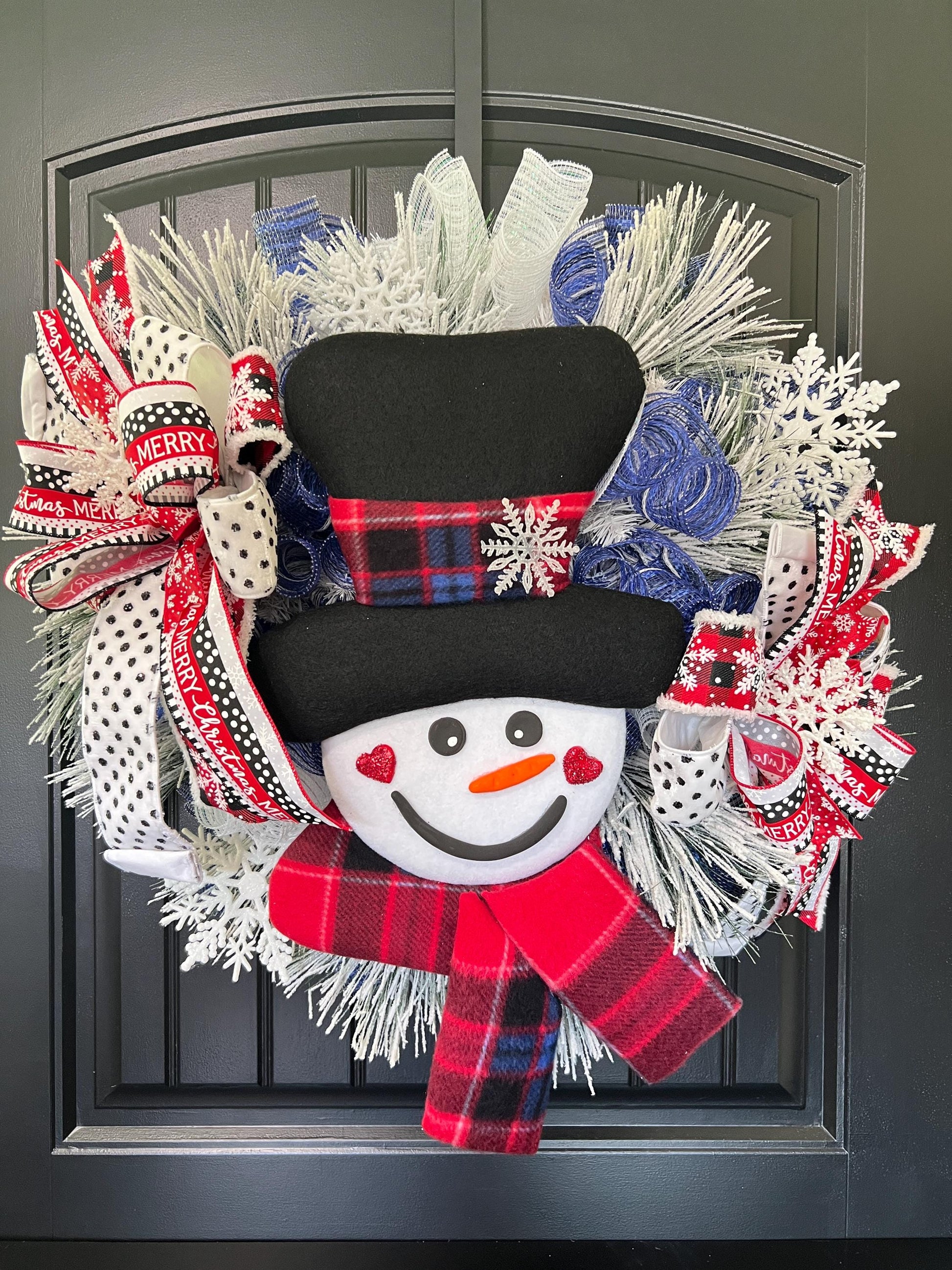 Handmade Snowman Christmas Wreath, Flocked Winter Door Decor, Red Black Plaid Scarf
